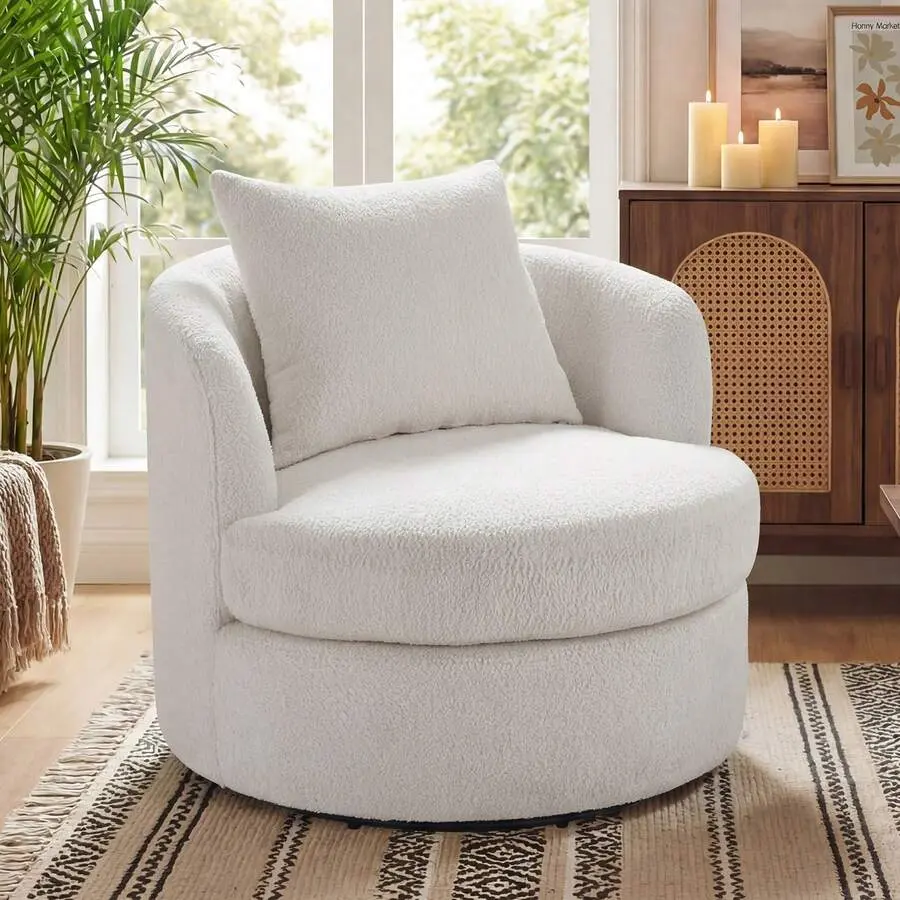 1pcs Lamb Wool Fabric Upholstered Comfy 360 Degree Round Barrel Chairs Fashion Solid Color Swivel Chair With Plump Pillow Suitable For Living Room Bedroom
