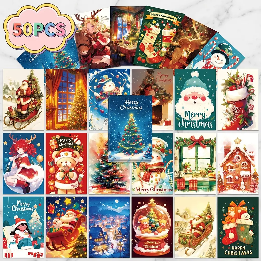 50 Christmas Holiday Cards, Decorative Background Greeting Cards, Thanksgiving Mother's Day Gift Cards, Message Postcards, Holiday Themes