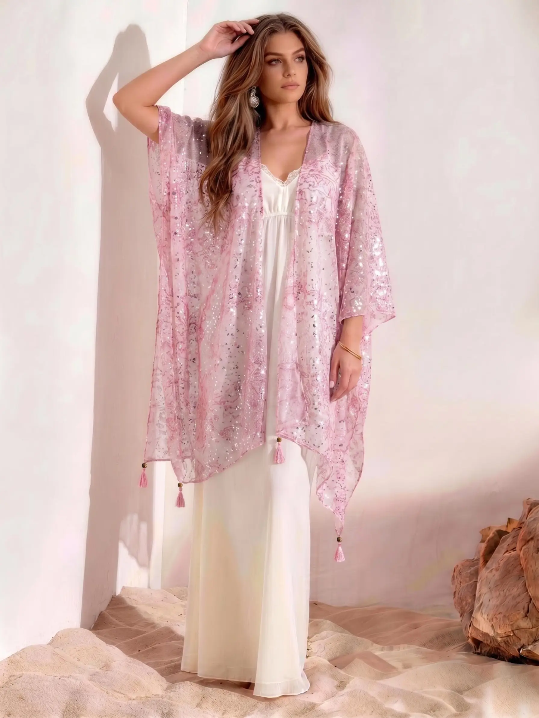 Elegant Sequin Fringe Shawl for Women, Loose Breathable Sun Protection Beach Cover-Up, Fashionable Versatile Shawl for Vacation, Beachwear Coverups