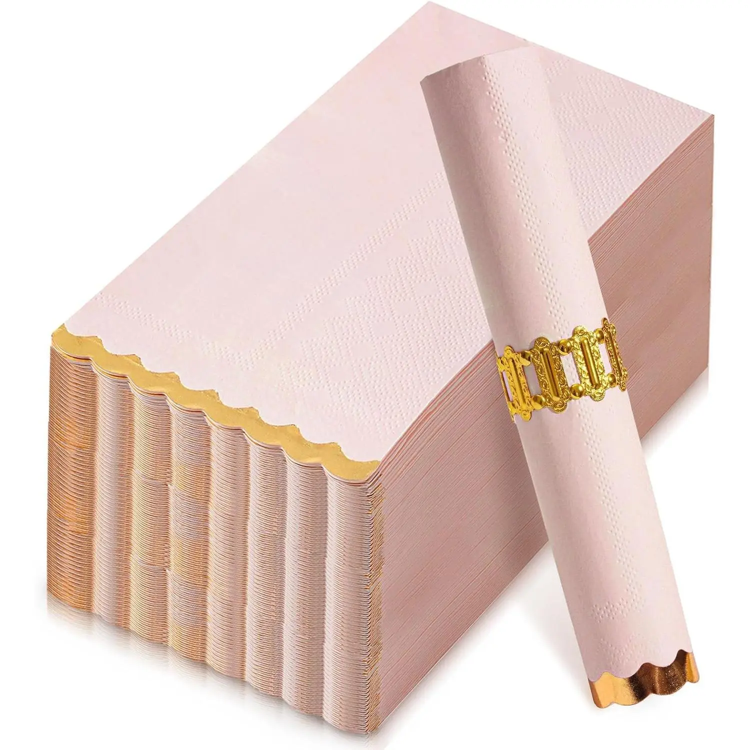 Disposable Pink Gold Foil Edge Scalloped Dinner Napkin Pack (50-Count, 4x8 Inches) - Elegant for Wedding Events, Bridal Shower (Women-Focused Occasions)