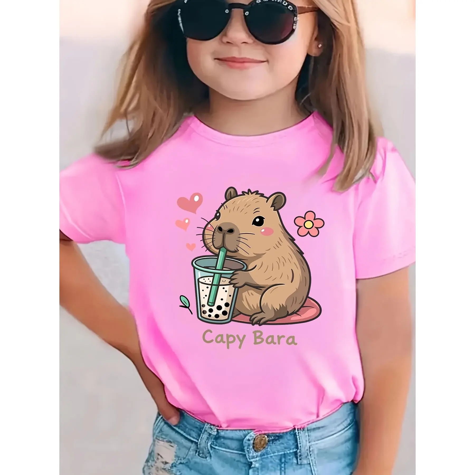 Cute Capybara Drinking Boba Tea Animal Graphic Tee - Standard 100% Pure Cotton Short Sleeve Crewneck Casual Top for Girls, Youth & Teens, Trendy Kawaii Pet Apparel, Outfit & Gift