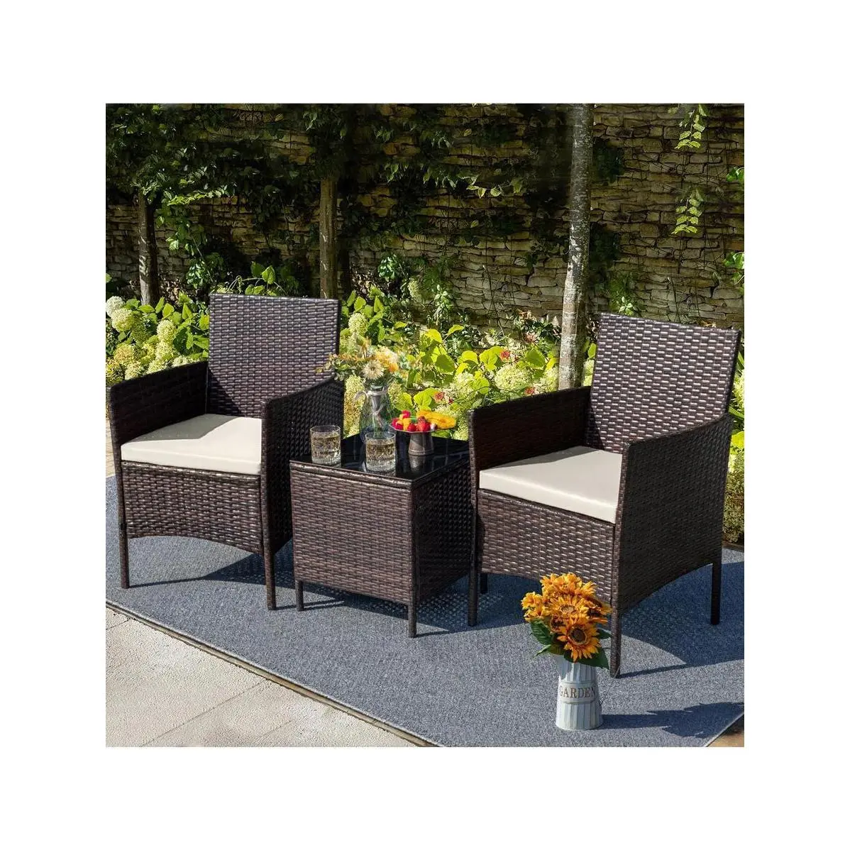Furmax Modern UV-Resistant Polyethylene (PE) Wicker 2-Person Patio Set Seating Group with Cushions, Easy to Assemble