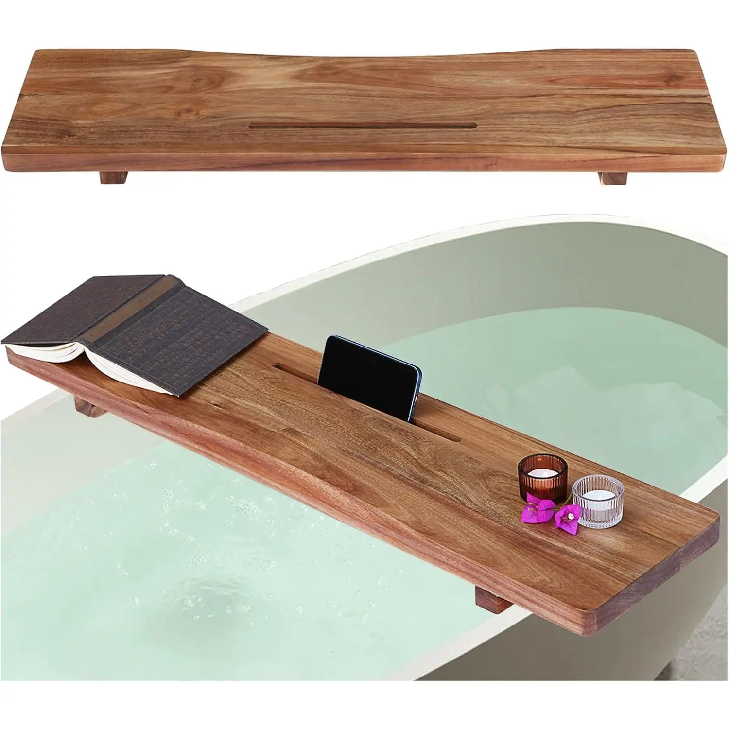 1.2IN Thickened Acacia Wood Bathtub Tray Caddy with Adjustable Legs, Minimalistic Bath Tray Bathtub Accessories Fits Most Bath Tubs, Great Gift Idea for Women