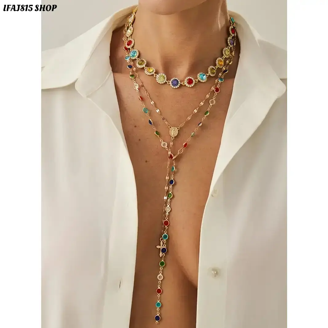 Boho Layered Necklace Set for Women, Colorful Crystal Pendant Necklace, Trendy Alloy Chain Statement Jewelry, Vintage Y2K Aesthetic Accessories for Casual Wear, Vacation, Festivals & Holiday Gifting