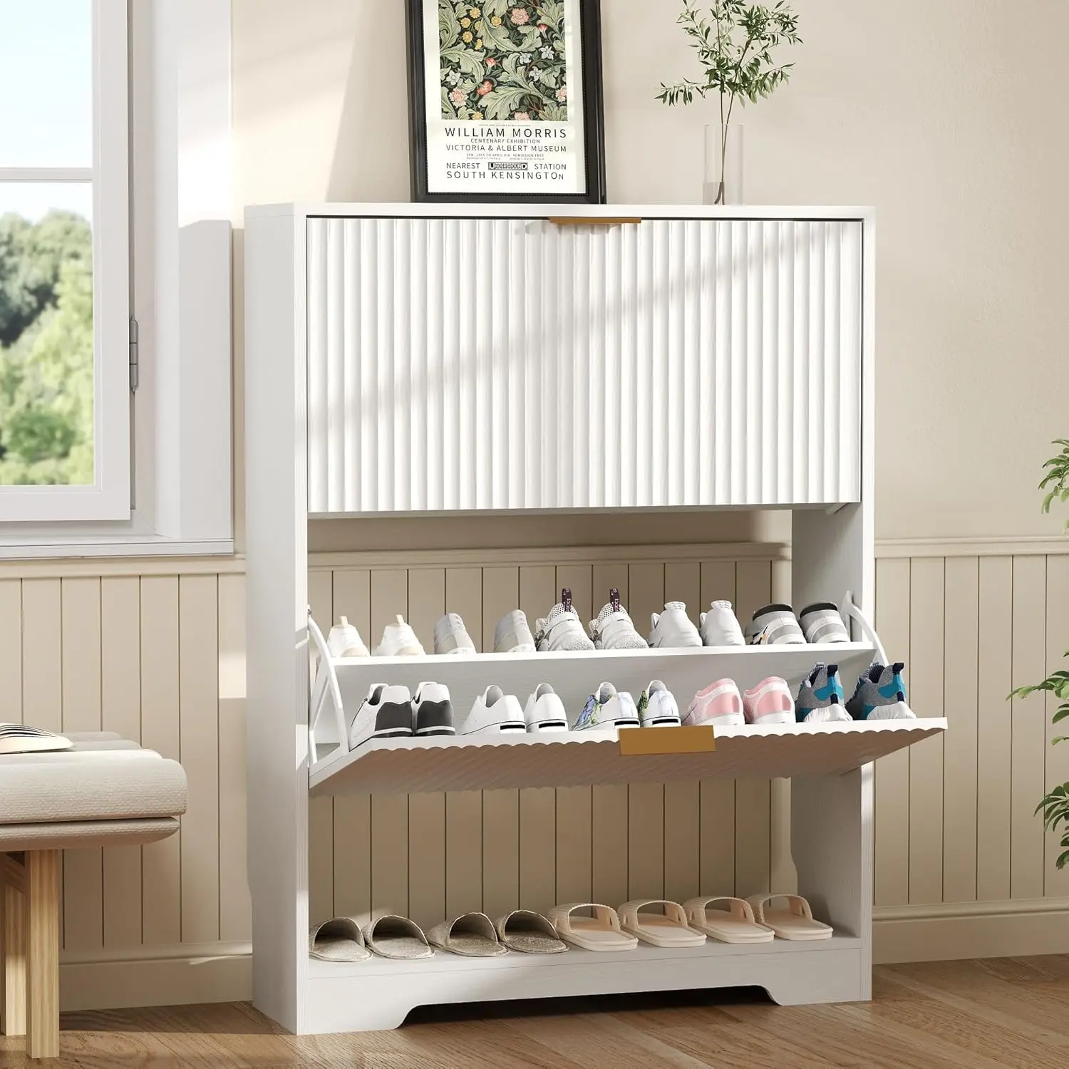 Space-Saving Modern Shoe Storage Cabinet – Narrow Vertical Organizer with 2 Turnover Drawers, Open Shelf, Hidden Ventilated Wood Design, Anti-Tip for Hallway, Entryway, Foyer