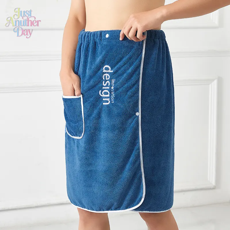 Men's Coral Fleece Wearable Bath Towel Wrap, Quick Dry Super Absorbent Bath Skirt with Adjustable Waist, Embroidered Design Bath Wrap with Side Pocket for Shower, Spa, Gym & Home Use
