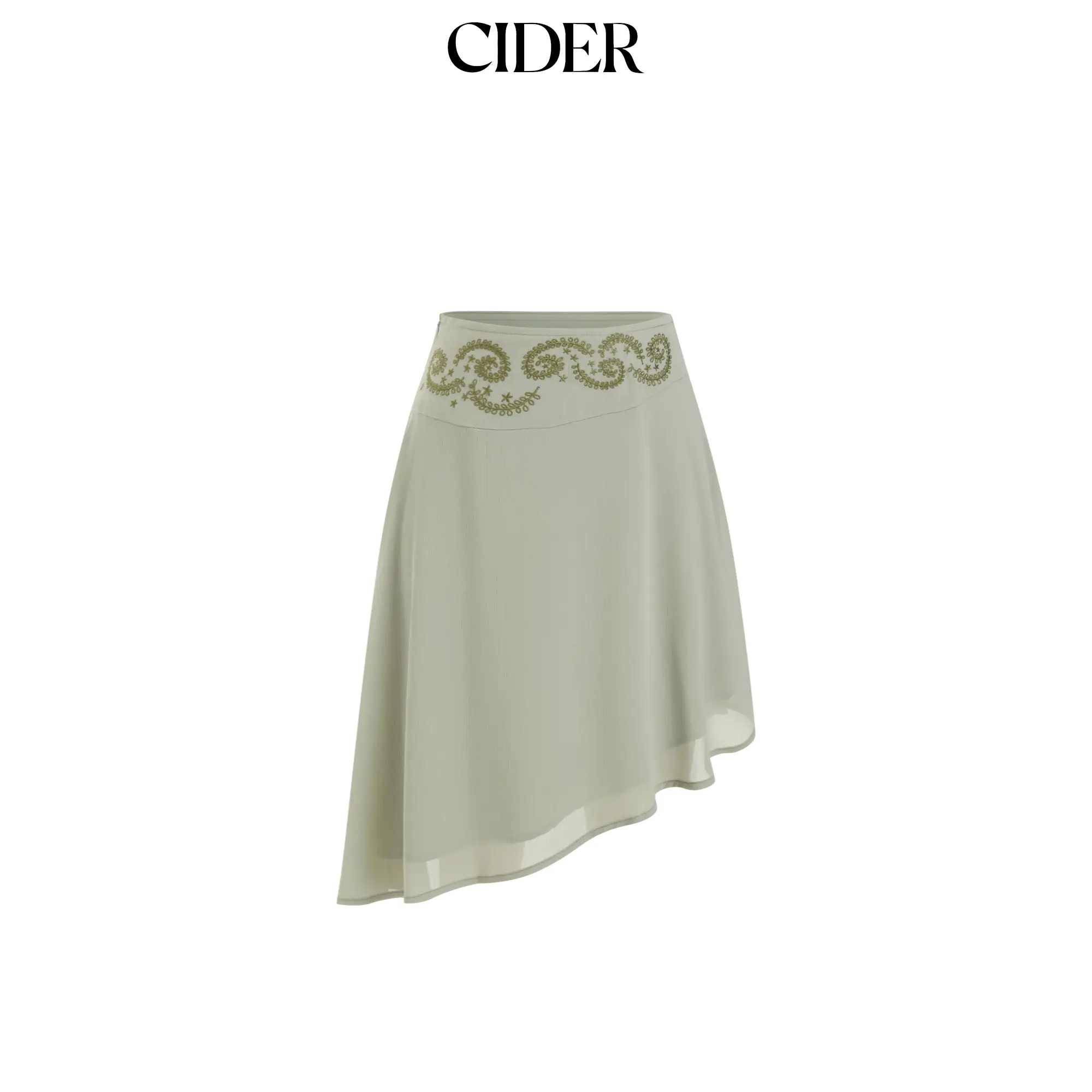 Cider Chiffon Low Rise Floral Embroidery Asymmetrical Midi Skirt