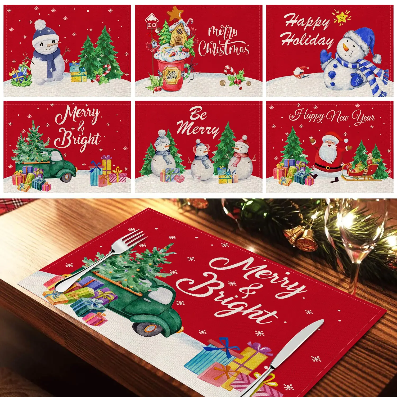 6-Piece Christmas Table Placemats Set, Snowman Holly Base Snowflake Design, Perfect for Holiday Gatherings, Kitchen, Dining Room, Gifts