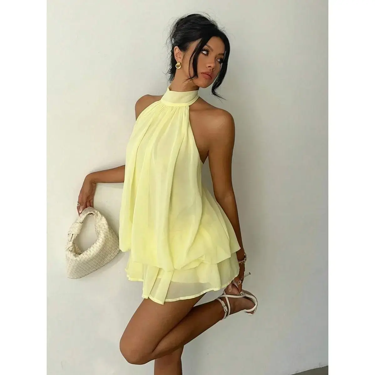 Women's Chiffon Elegant Butter Yellow Halter Tie Mini Dress,Women Dating Dress,Women Night Out Dress,Summer Dresses For Women, Honeymoon Outfits Woman .Women Wedding Guest Dress. Island Vacation Outfits,Wedding Guest Dress Women ,Sun Dresses For Wome