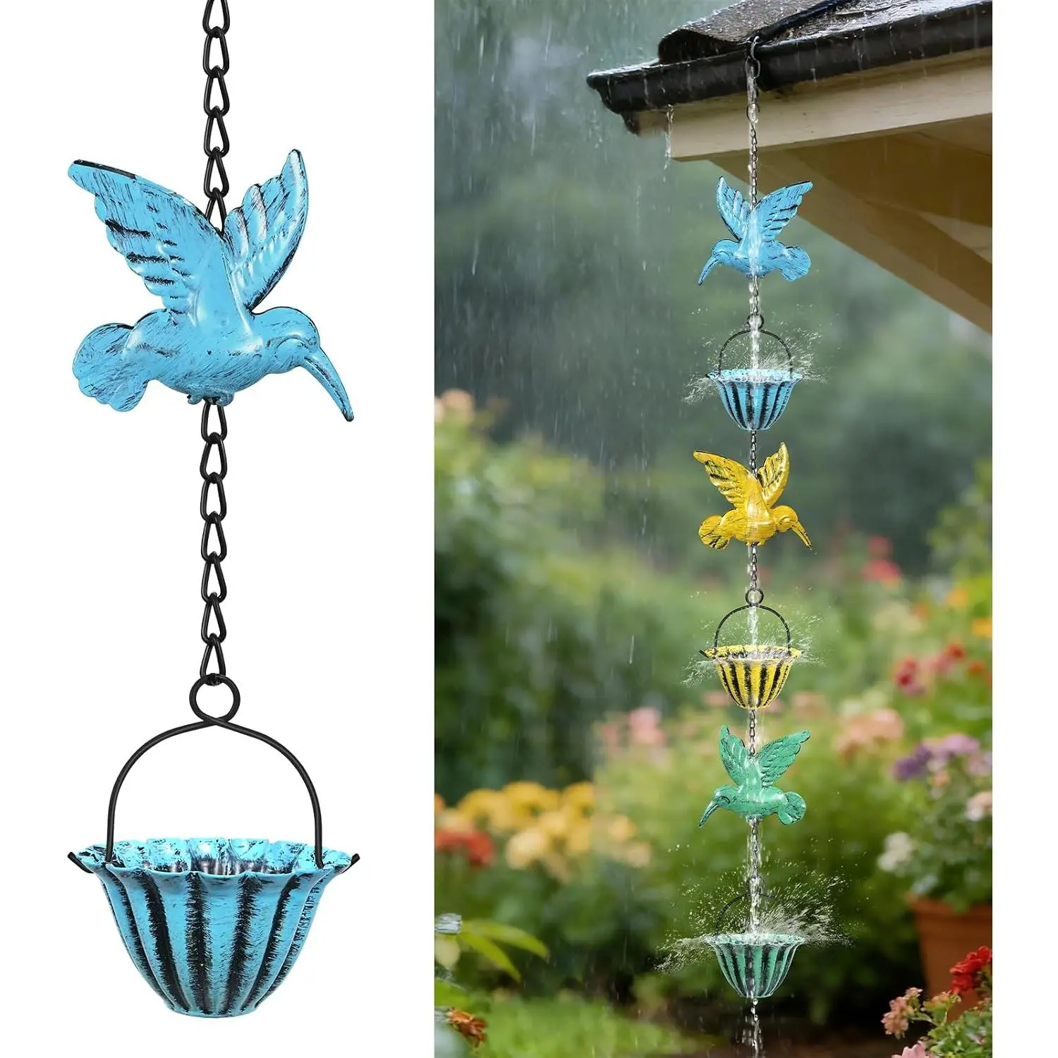 8.5FT Hummingbird Rain Chains for Outside Gutters,Rust-Resistant Metal | Colorful Rain Chain,Decorative Rain Catcher Chain for Heavy Rain,Adjustable Length, Downspout