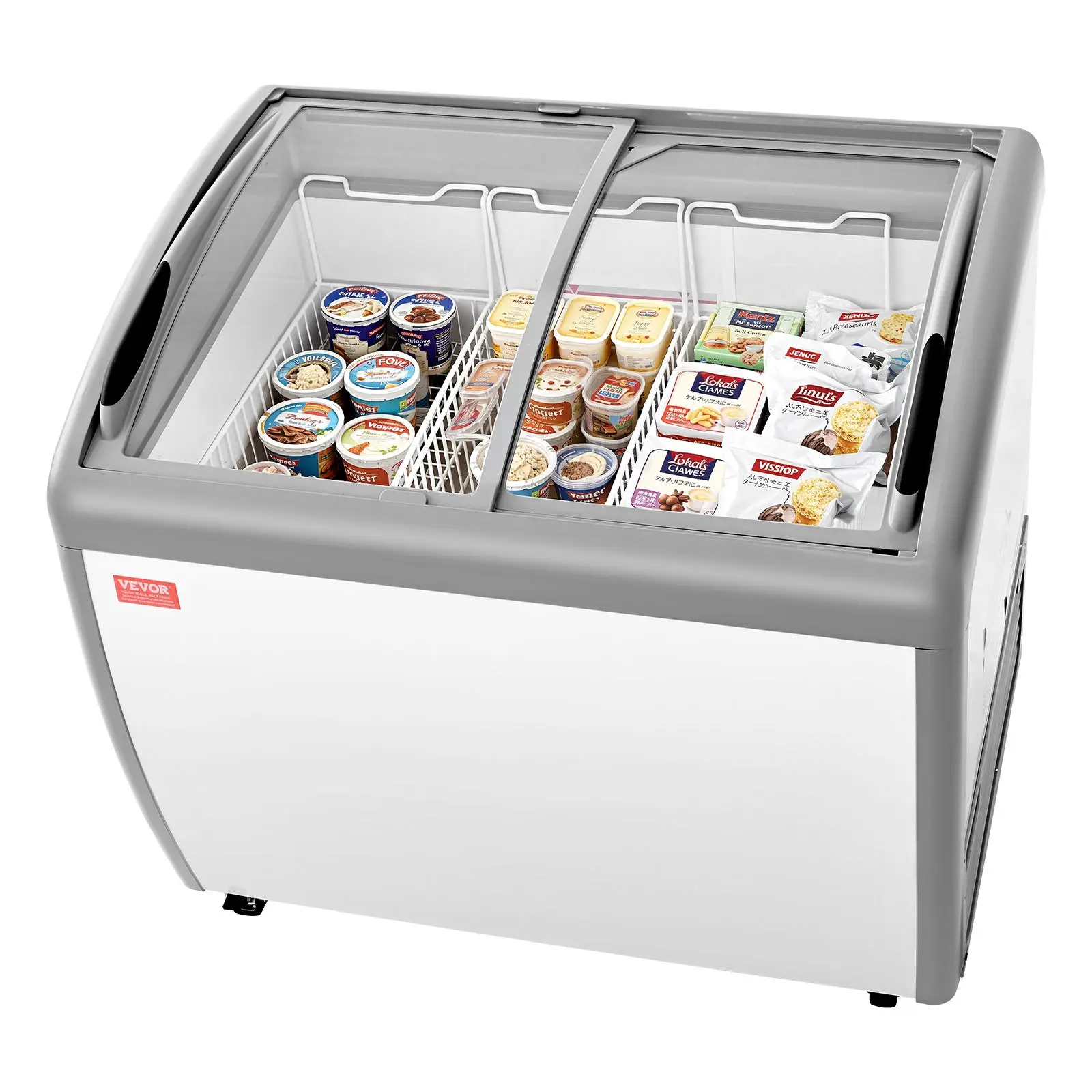 VEVOR Commercial Tempered Glass Ice Cream Display Case, 9.3 Cu.ft (264 L) Coated Cold-Rolled Steel Chest Freezer, -19 to 3 ℉ (-28 to -16 °c) Temp-Adjustable Mobile Top Deep Freezer with 3 Wire Baskets, 2 Sliding Doors, Locking Casters & LED Strip Lighting