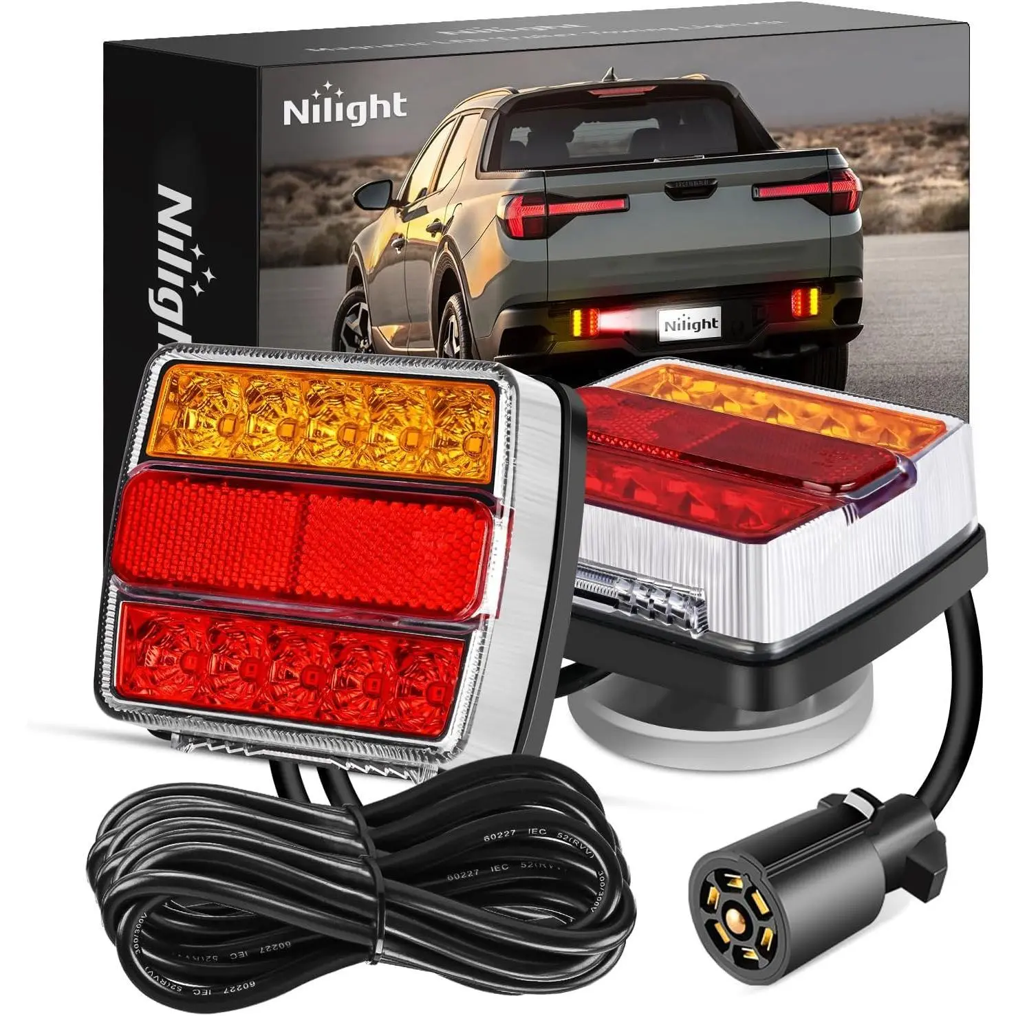 Nilight Magnetic LED Trailer Towing Kit, 24ft Cable with 7-Pin Plug, 12V 5-Wire Waterproof PC Cover Fixtures, Stop/Turn/License LED Illumination for RV, Campers, Boats, Aftermarket Truck Accessories, Magnetic Lights, Trailer/Rvs