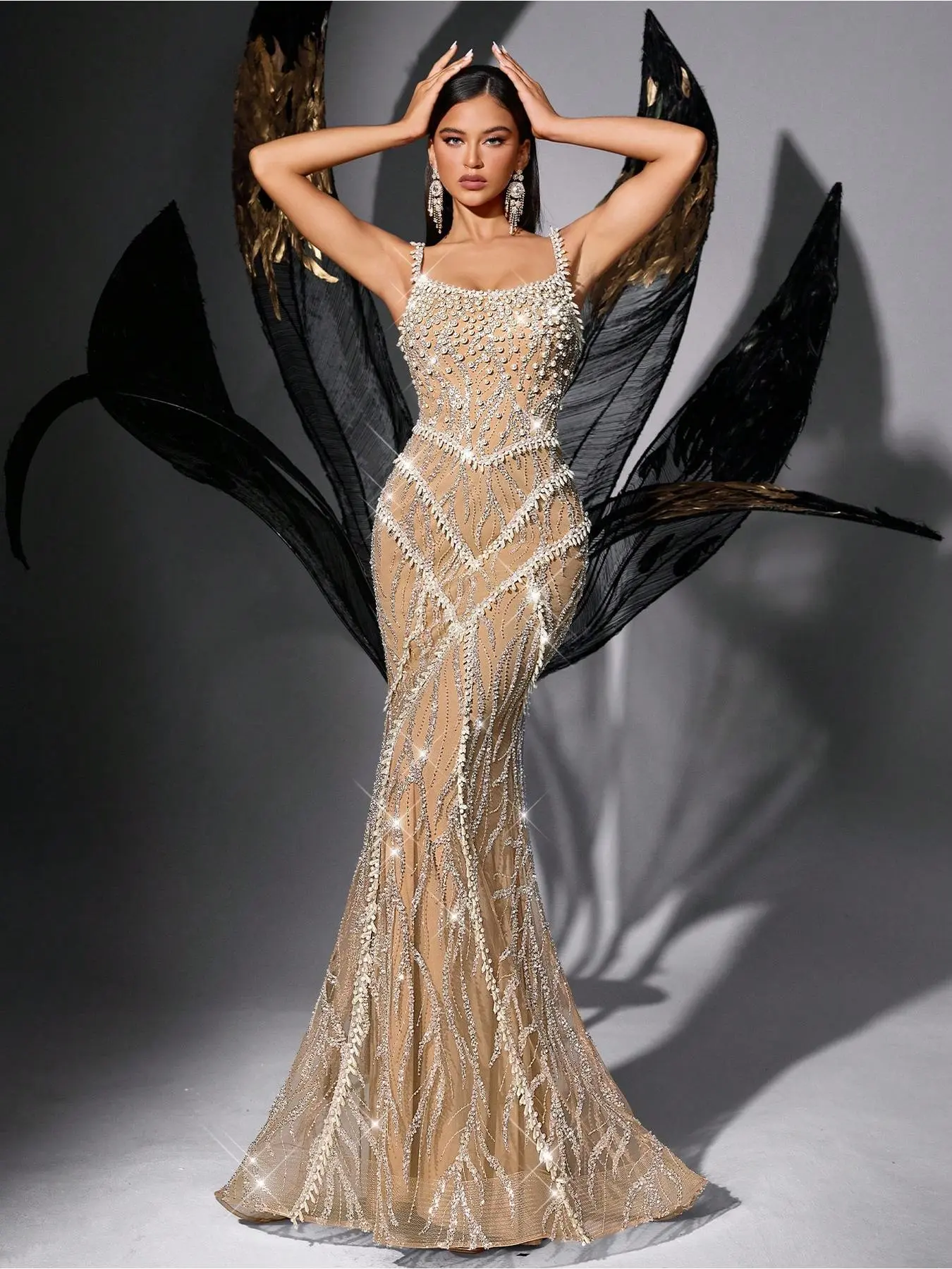 Bling Gorgeous Solid Color Sequin Beaded Backless Strapless Slim Gown Dresses Evening Sequin Details