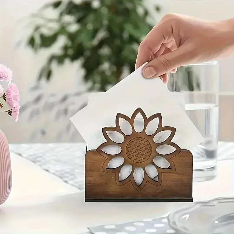 Wooden Sunflower Napkin Holder - Functional, Practical, Elegant, Suitable for Restaurants, Bars, Hotels, and Home Kitchens, Modern Desktop Tissue Holder Design