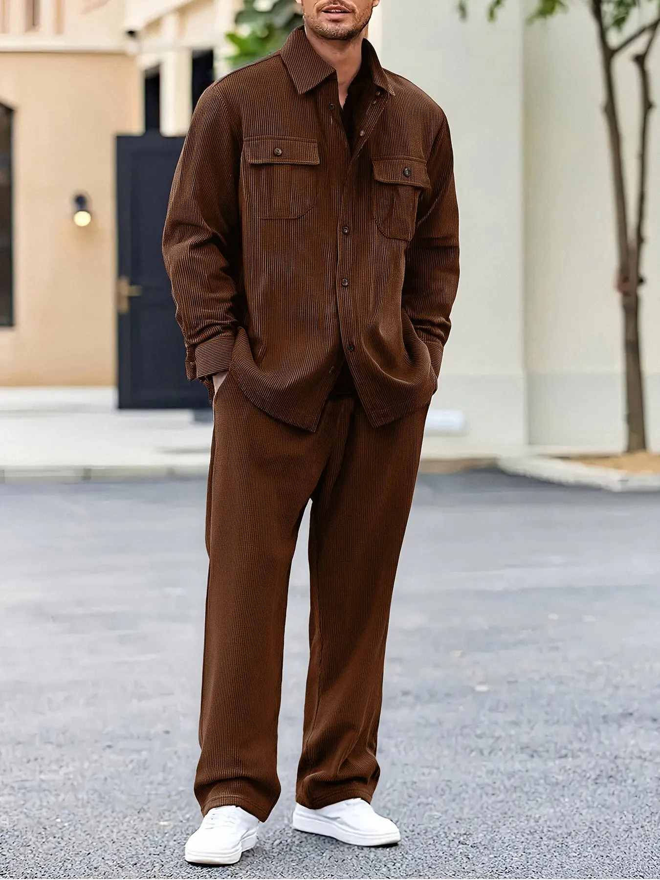 Men's Brown Corduroy 2-Piece Outfit, Lapel Long Sleeve Shirt with Chest Pockets & Drawstring Wide Leg Pants, Vintage Casual Loungewear Set
