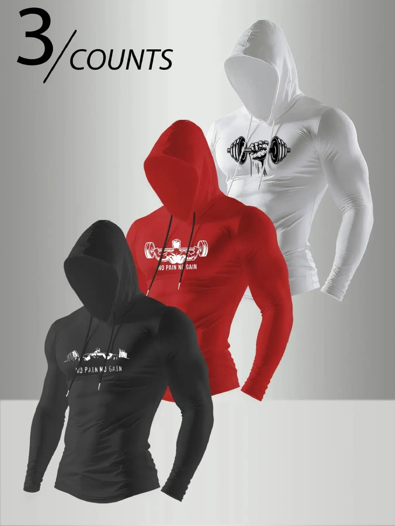 3 Pack Men Long Sleeve Hooded Compression Shirts No Pain No Gain Barbell Muscle Graphic Print Drawstring Hood Quick Dry Weightlifting Training Fitness Workout Top Black Red White