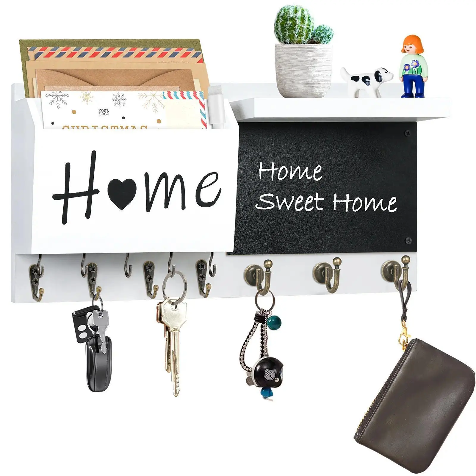 12-Hook Wooden Wall-Mounted Keychain Organizer with Chalkboard Mail Slot, Metal Shelf - Stylish Country Style Hanging Home Decor Shelves for Entryway, Hallway | Memorial Day Deals