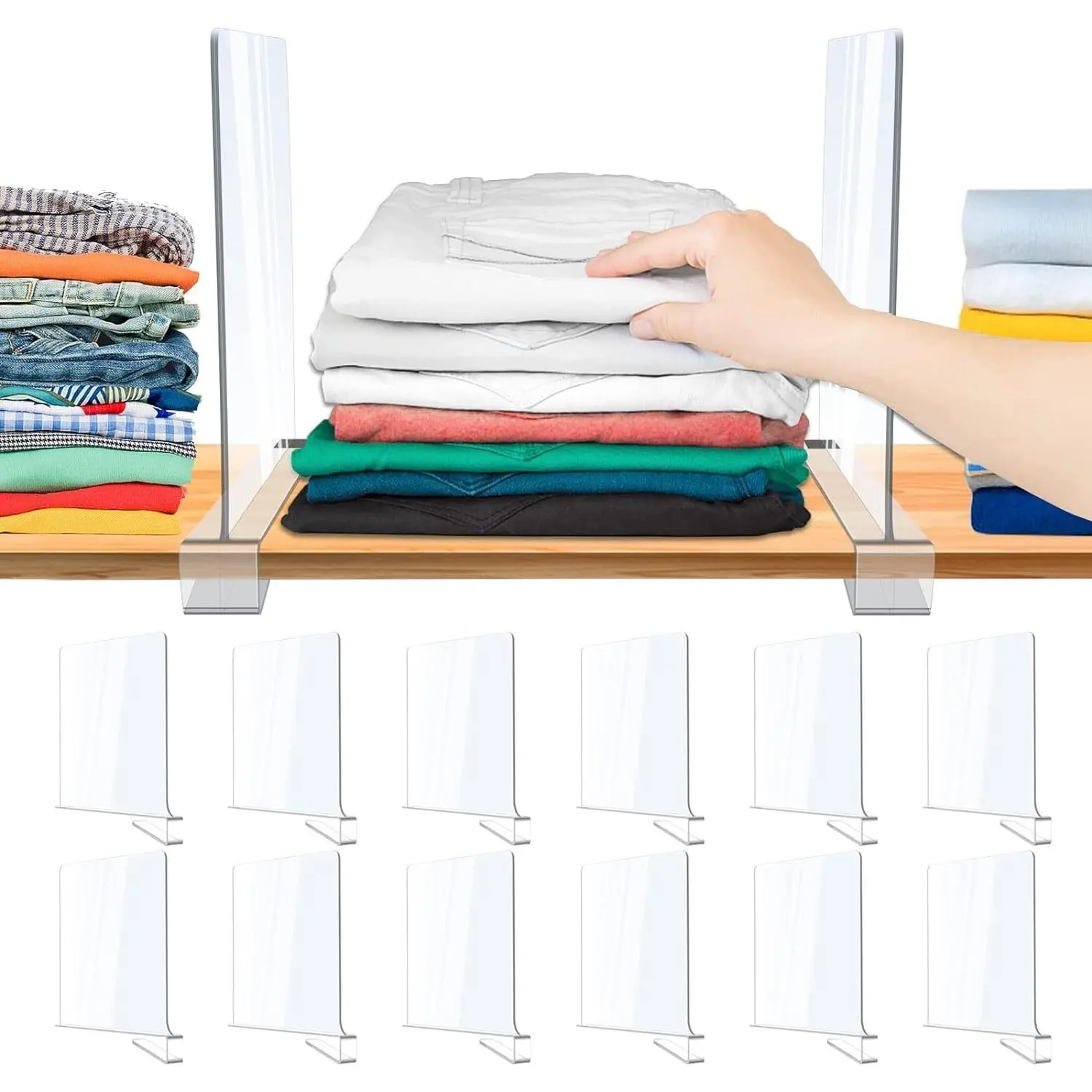 12 Pack Clear Acrylic Shelf Dividers for Closet Organization, Closet Shelf Separators for Clothes and Purses, Shelf Organizers for Bedroom Kitchen Office Cabinets Bathroom Storage