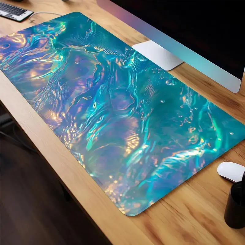 Holographic Iridescent Water Design Mouse Pad, 1 Count Rectangle Gaming Mouse Pad, Non-Slip Rubber Base Stitched Edge Desk Pad for Desk Laptop Desktop Office Desk Accessories, Office Supplies