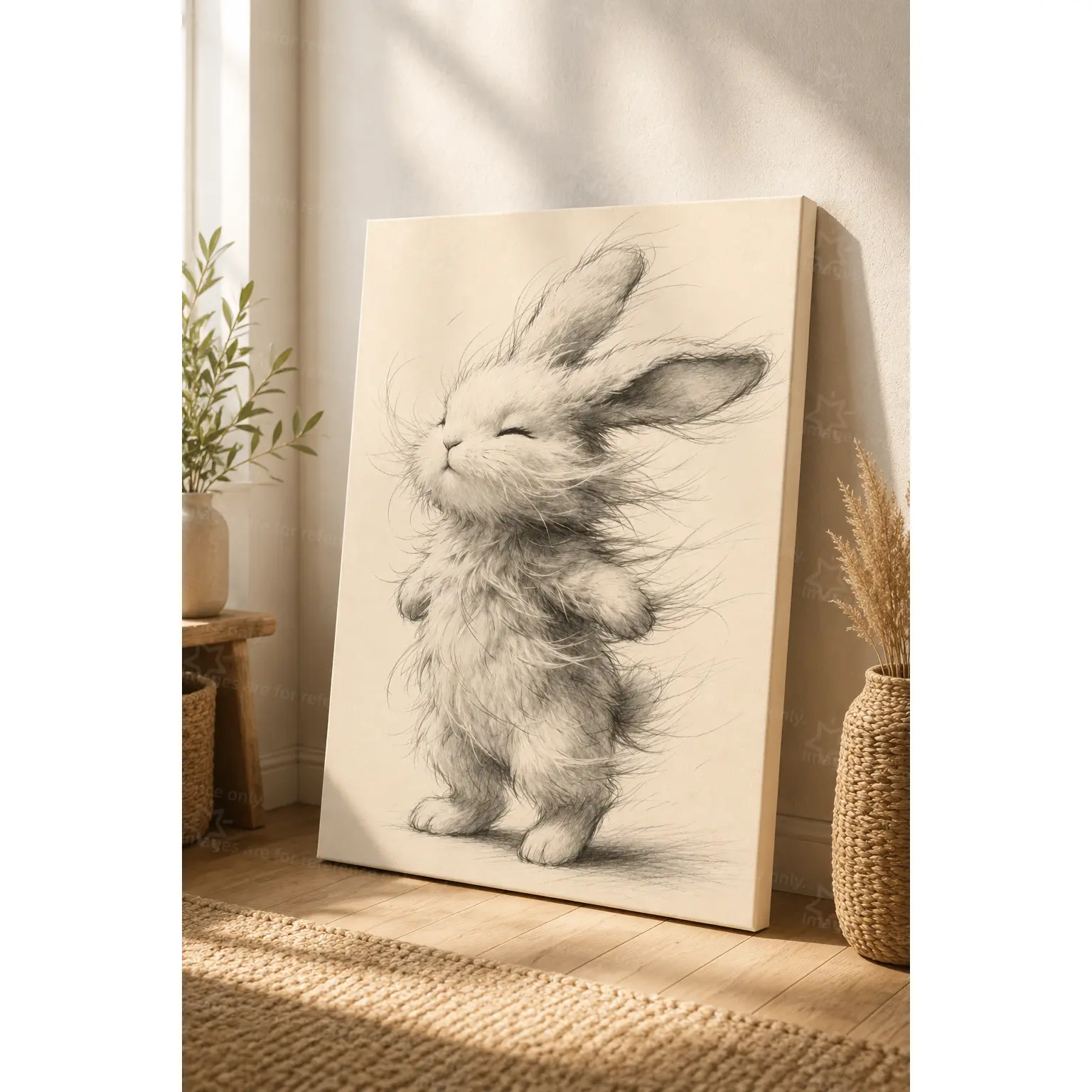 Vintage Pencil Sketch Fluffy Baby Rabbit Canvas Art Poster - Multi-Size, Scratch-Proof Home Decor, Neutral Minimalist Cute Animal Wall Art for Nursery Walls, Gift Ideas