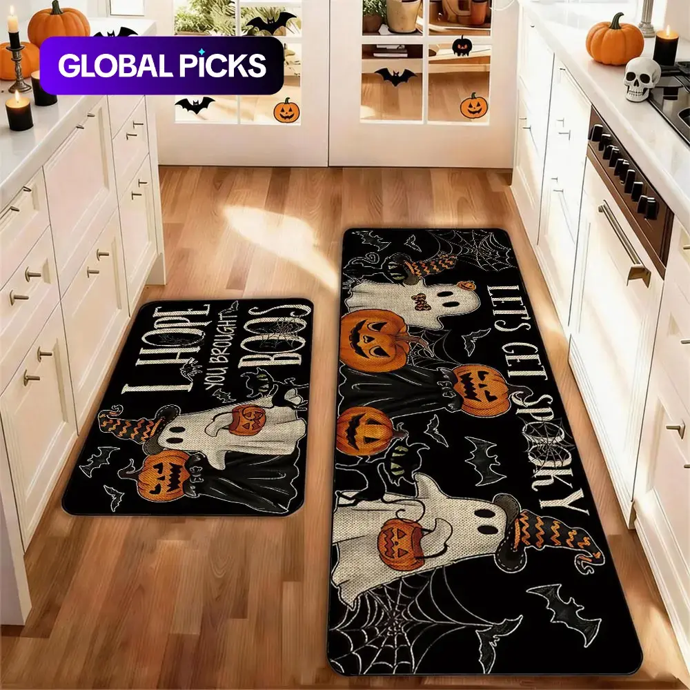2Pcs Holloween Kitchen Rug Mat BOO! Terrifying Skeleton Horror Pumpkin Bat Spider Web Wizard Floor Mat Set Farmhouse Indoor Rug Non Slip Restaurant Floor Dining Room Laundry Room Decor Carpet Mat Fall Decor Home Decor Rug Kitchen Mats #GLOBAL PICKS
