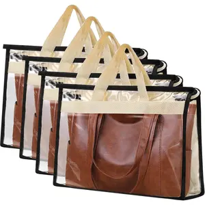 4 count Dust Bags for Handbag,Purse Protector Storage Bag with Zipper and Handle,Clear Handbags Storage Organizer,Plastic Protective  Handbag Protector for Closet,