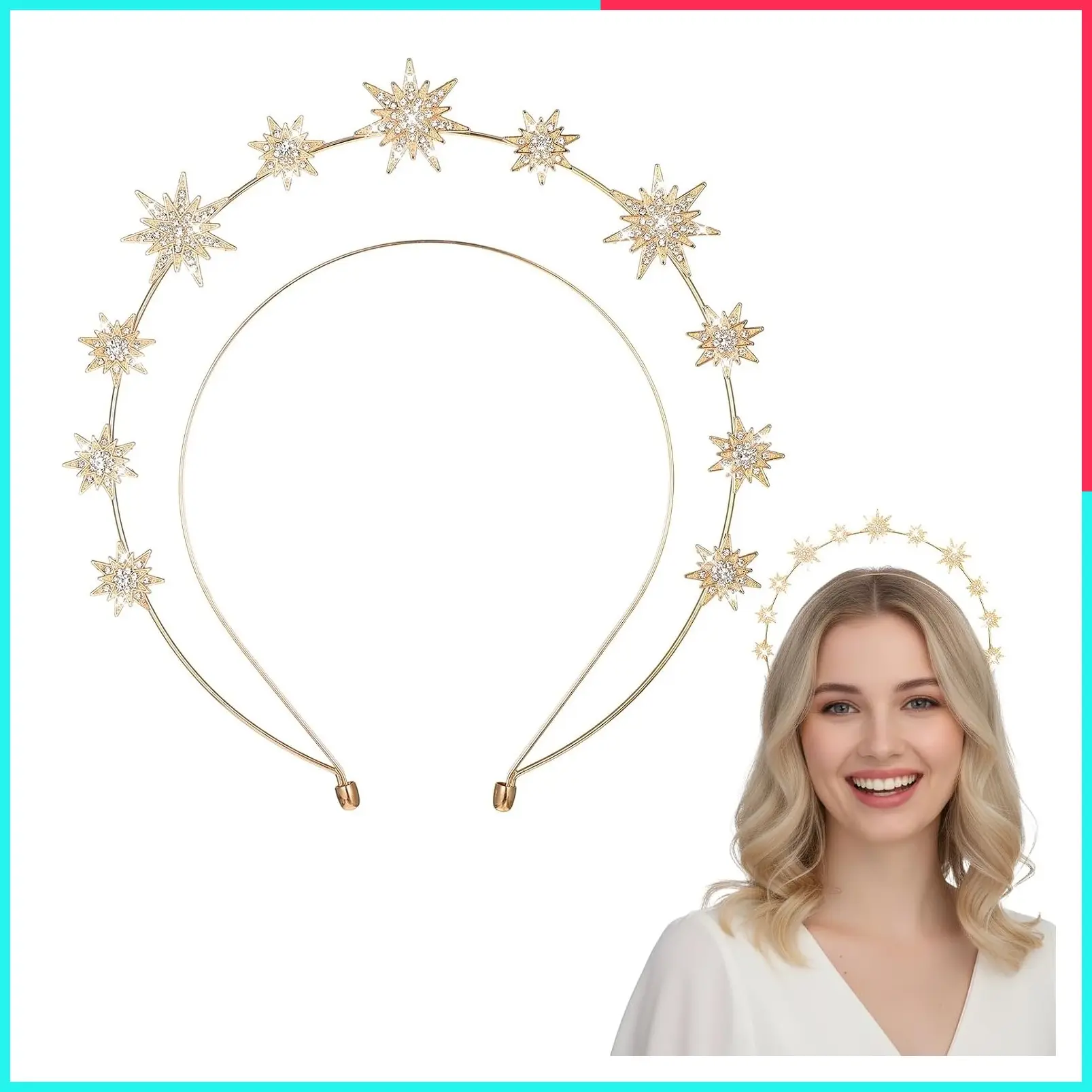 Gold Halo Headband with Crystal Star Crown, 4.9" Rhinestone Goddess Tiara for Wedding Bridal Cosplay Party