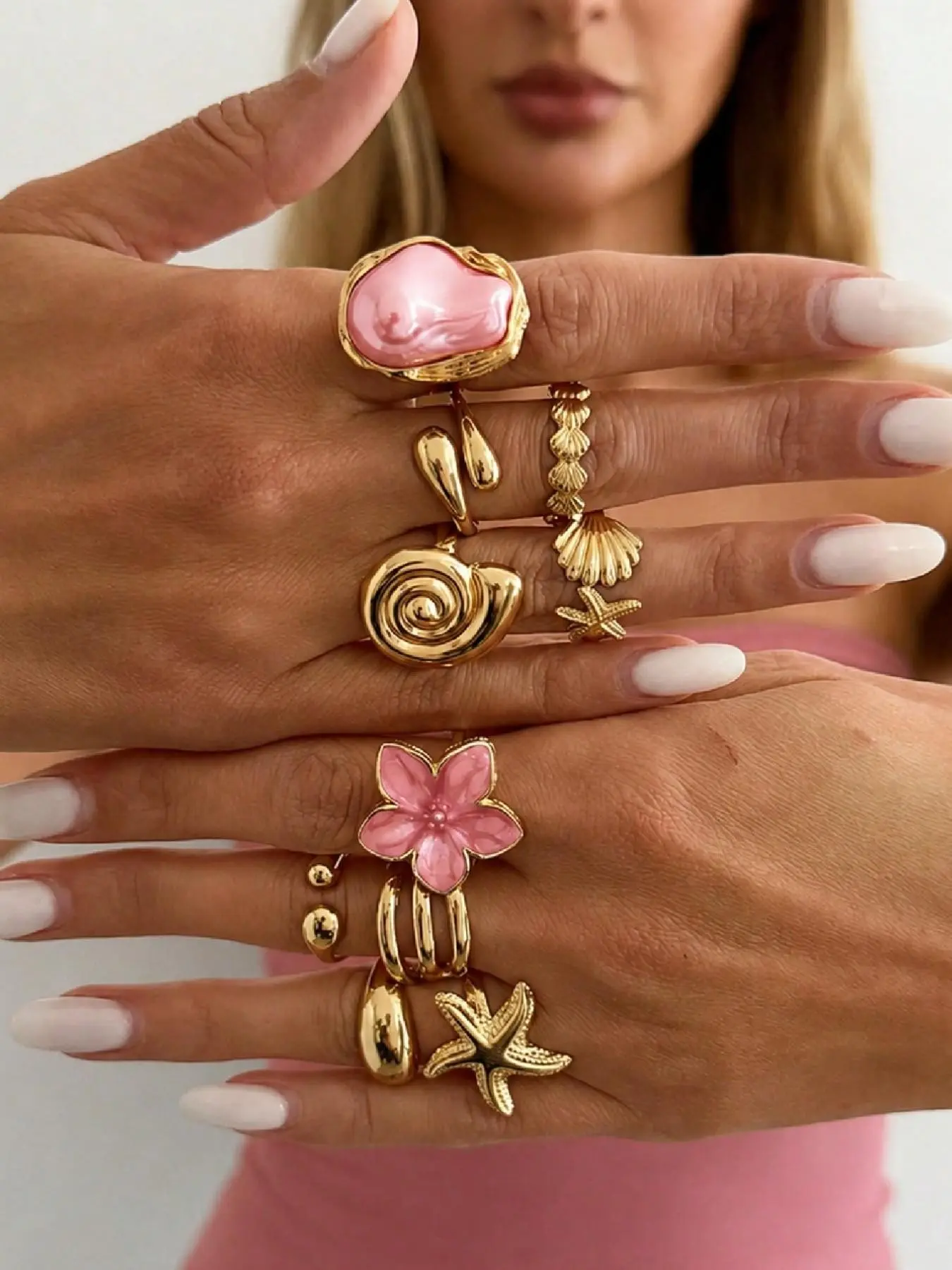 10 Pcs Boho Beach Starfish Ring Set, Zinc Alloy Flower Rings, Casual Style, Perfect for Gifts, Birthday, Holiday, Coastal Vacation