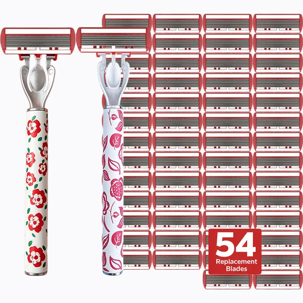 [2 Handles with 54 Replacement Blades] 6-layer blades with lubrication｜Manual razor set｜Red flower & pink fruit dual-colored handles｜Glides smoothly on the skin without irritation｜Suitable for both men and women, perfect for personal use or as a gift!
