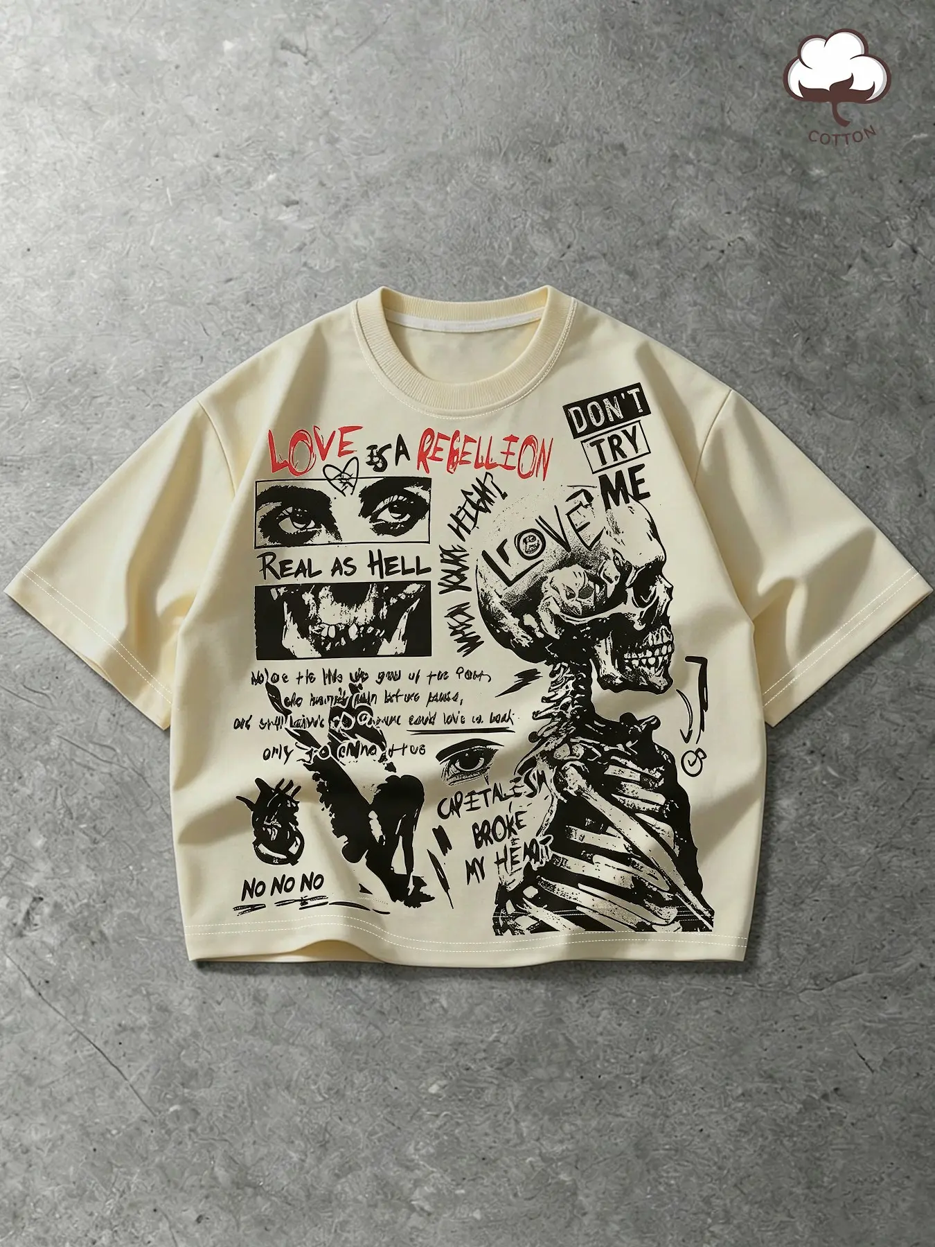 Men's Halloween Distressed Print Short Sleeve T-Shirt, Skull Patchwork Slogan Print Top, for Summer Street Party, Casual Daily Wear