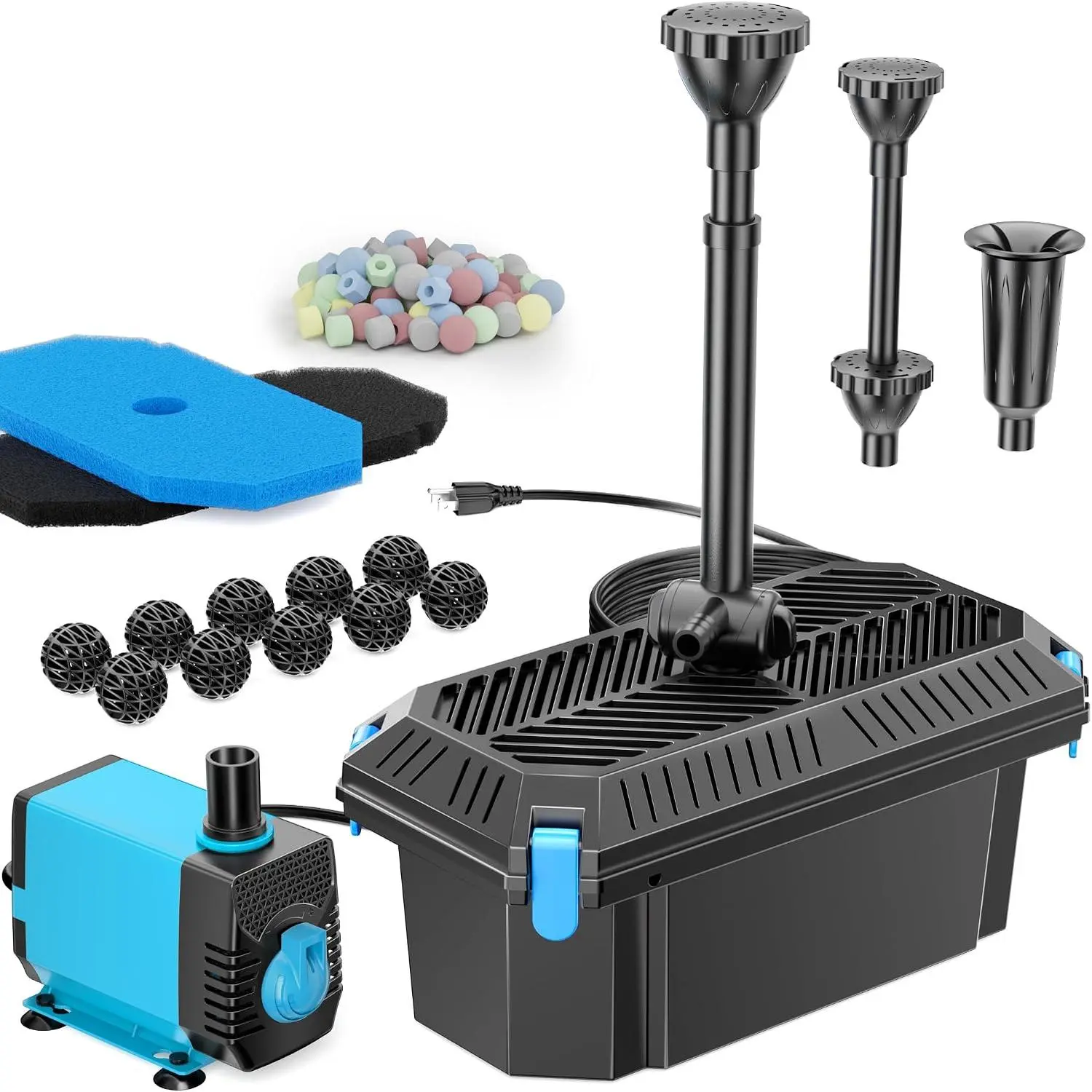 Pond Filter with Pump Kits, Pond Filters for Outdoor Ponds Built In 660GPH Pond Pump, Pond Filter Box Suitable for Garden, Fountain, Pond, Animal Sink, Waterfall, Aquarium-Corded Electric