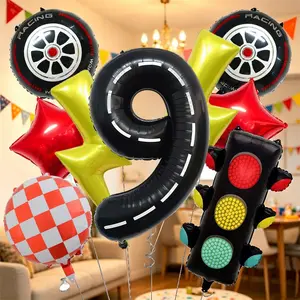 11-Piece Racing Theme Birthday Balloon Set, 40-Inch Number Balloons, Star, Traffic Light, Lightning, Checkered Tire Balloons