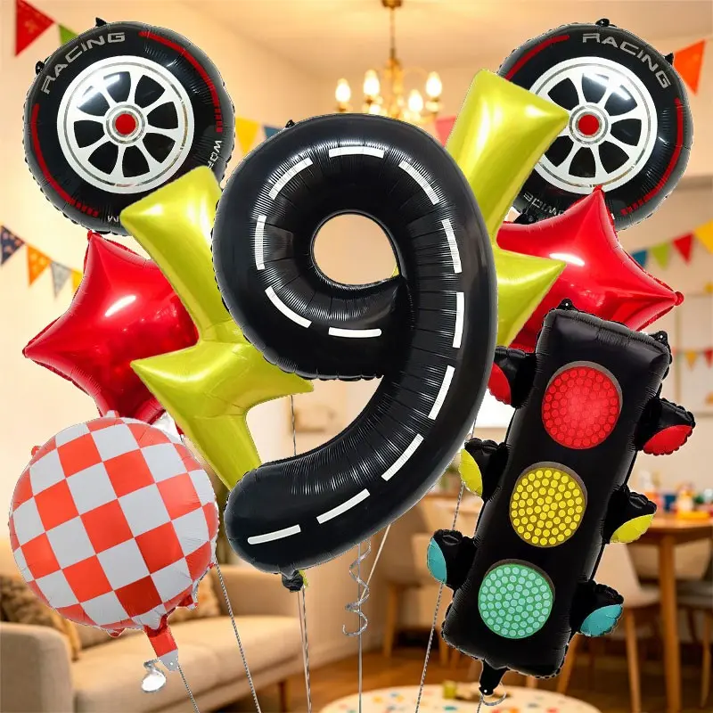 11-Piece Racing Theme Birthday Balloon Set, Party Balloons Decorations, 40-Inch Number Balloons, Star, Traffic Light, Lightning, Checkered Tire Balloons