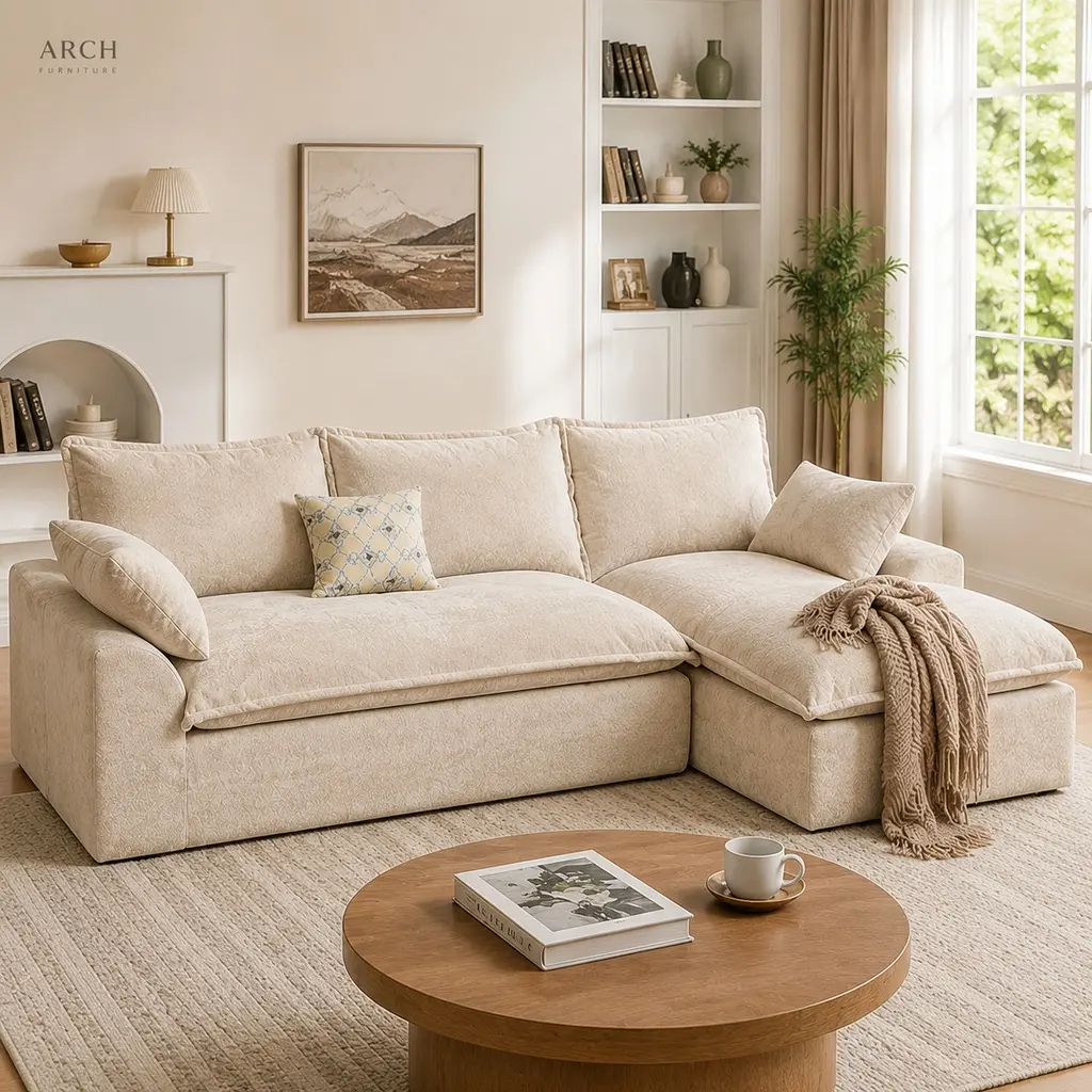 ARCH L-Shaped Modular Comfy Couch - 3-Seat Chenille Fabric Sectional Sofa with Deep Seats, High Back, Body-Hugging Feel, Durable Foam, Fully Assembled for Living Room, Beige