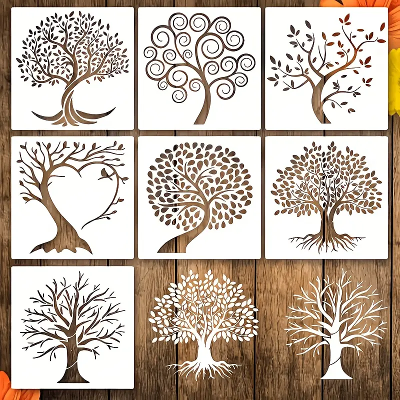 7pcs Tree of Life Templates, reusable plastic templates for painting on wood, airbrushing, natural plants, small palm tree drawing templates, canvas wall and floor decoration, DIY art crafts and decorations