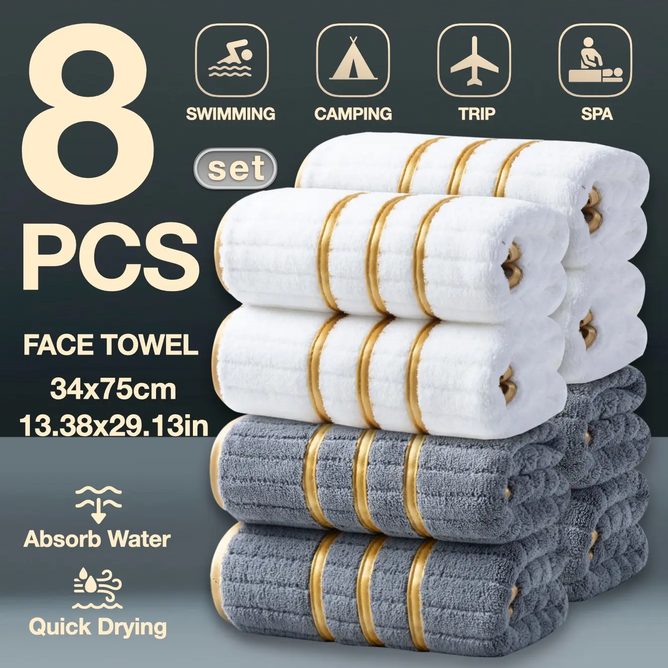 8-Pack High-Quality Gold Trim Embroidered Face Wash Cloths, Thick Coral Fleece, Super Absorbent, Soft, Durable, Hotel Grade, Home Essentials, Quick Drying Towels