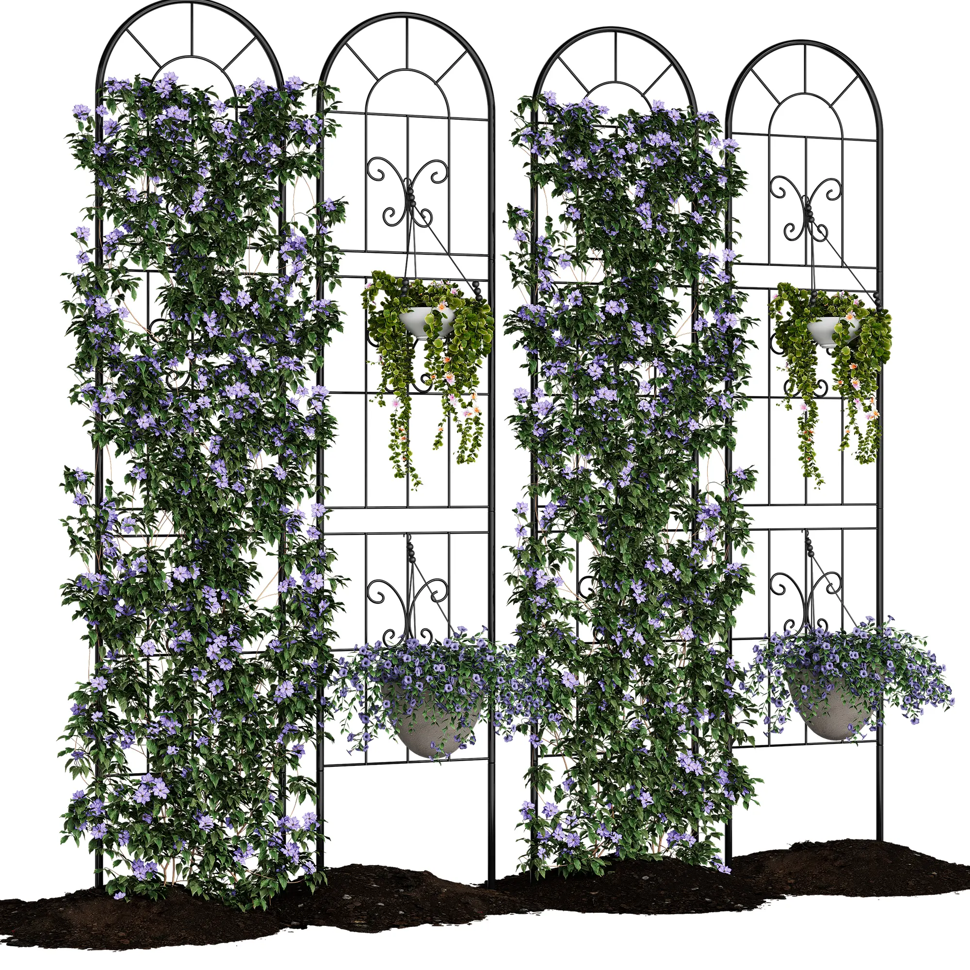 GAOMON Tall Black Metal Garden Trellis Panels with Gate – 55 Inch Rustproof Decorative Fence for Climbing Plants, Vines, Roses, Flowers & Vegetables – Sturdy Outdoor Yard & Patio Perimeter, Arched Plant Support