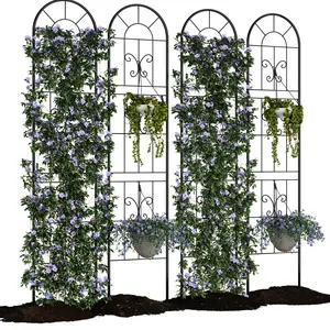 GAOMON Tall Black Metal Garden Trellis Panels with Gate – 55 Inch Rustproof Decorative Fence for Climbing Plants, Vines, Roses, Flowers & Vegetables – Sturdy Outdoor Yard & Patio Perimeter, Arched Plant Support