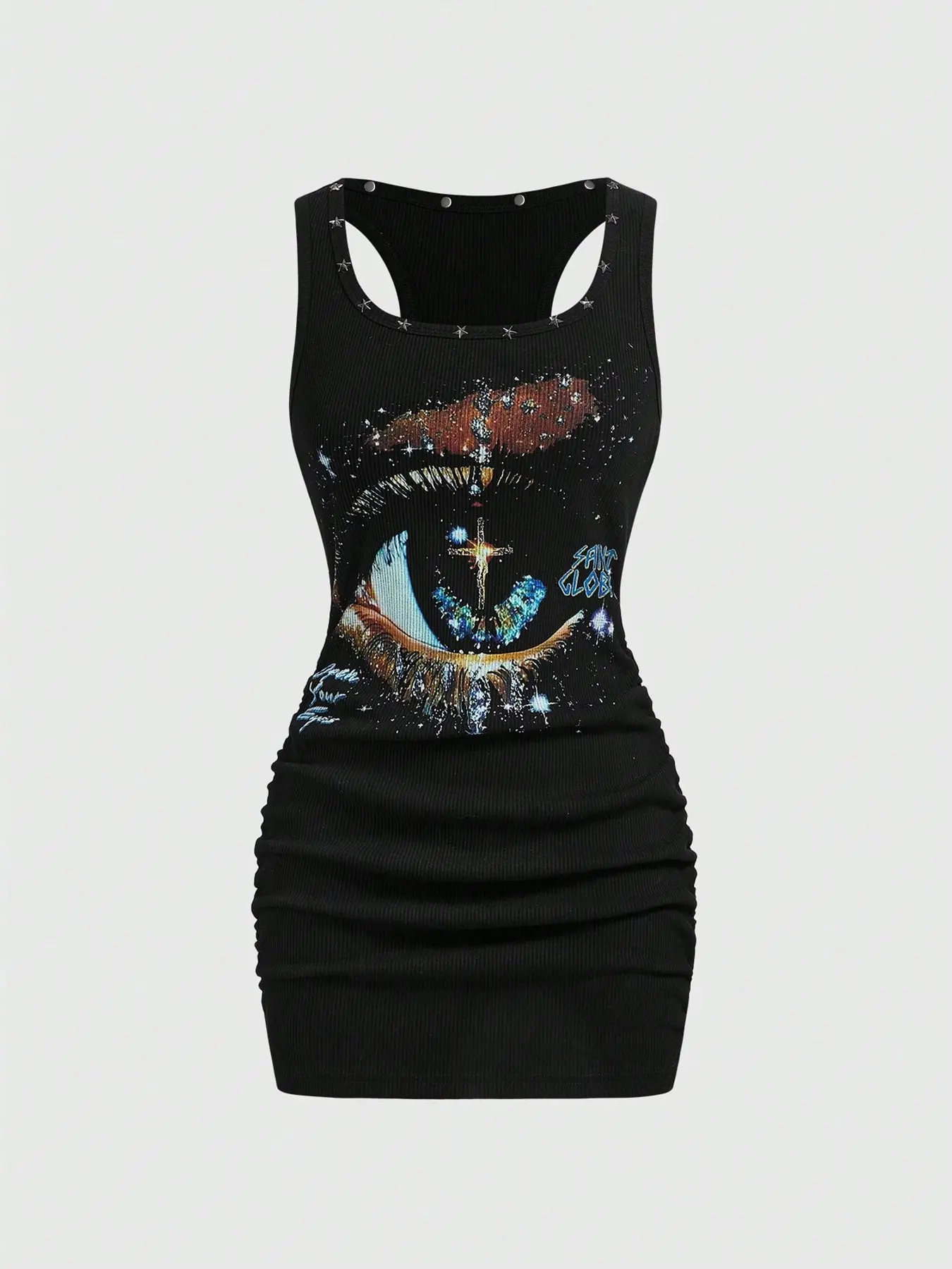 Women's Star Rivet Eye Print Mini Dress, Ribbed Knit Side Ruched, Elastic Fabric, Y2K Punk Street Style, Womenswear