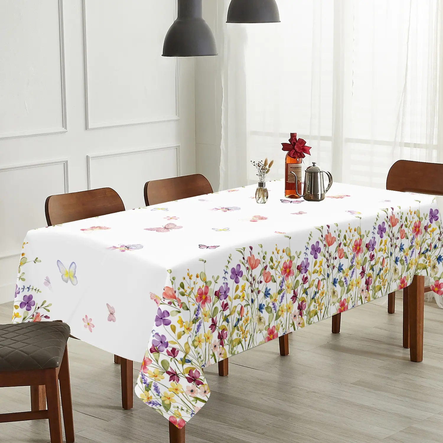 Whimsical Botanical Floral Tablecloth | Vibrant Spring Wildflowers & Butterflies Pattern | Aesthetic Cottagecore Table Cover for Indoor Outdoor Dining Decor | Round and Rectangular