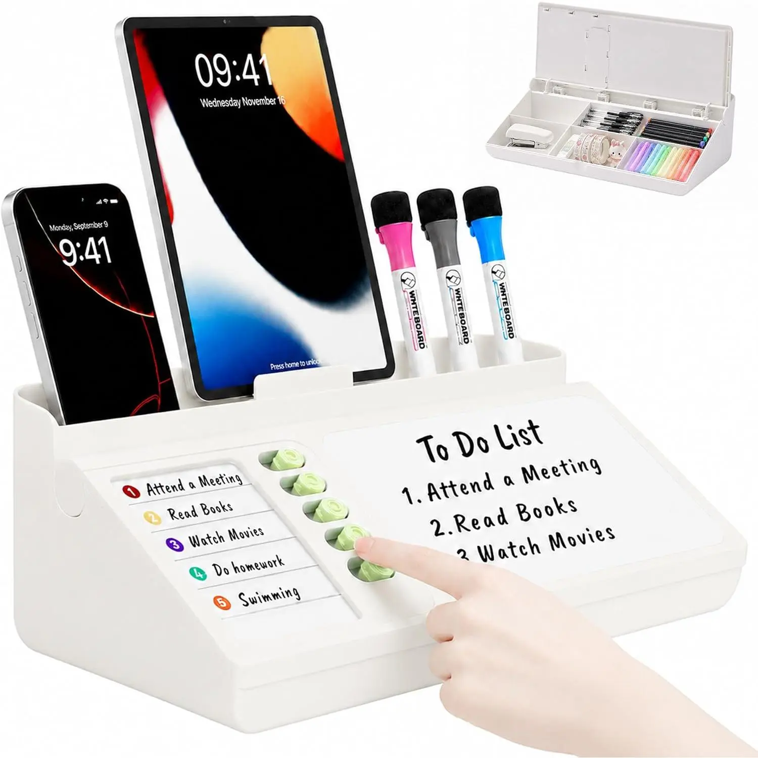 Modern Desktop Whiteboard with Storage Drawer, Small Dry Erase Board, Phone Tray, Marker Holder & Work Desk Organizer, Desk Accessories Memo Notepad To-Do List for Office Use