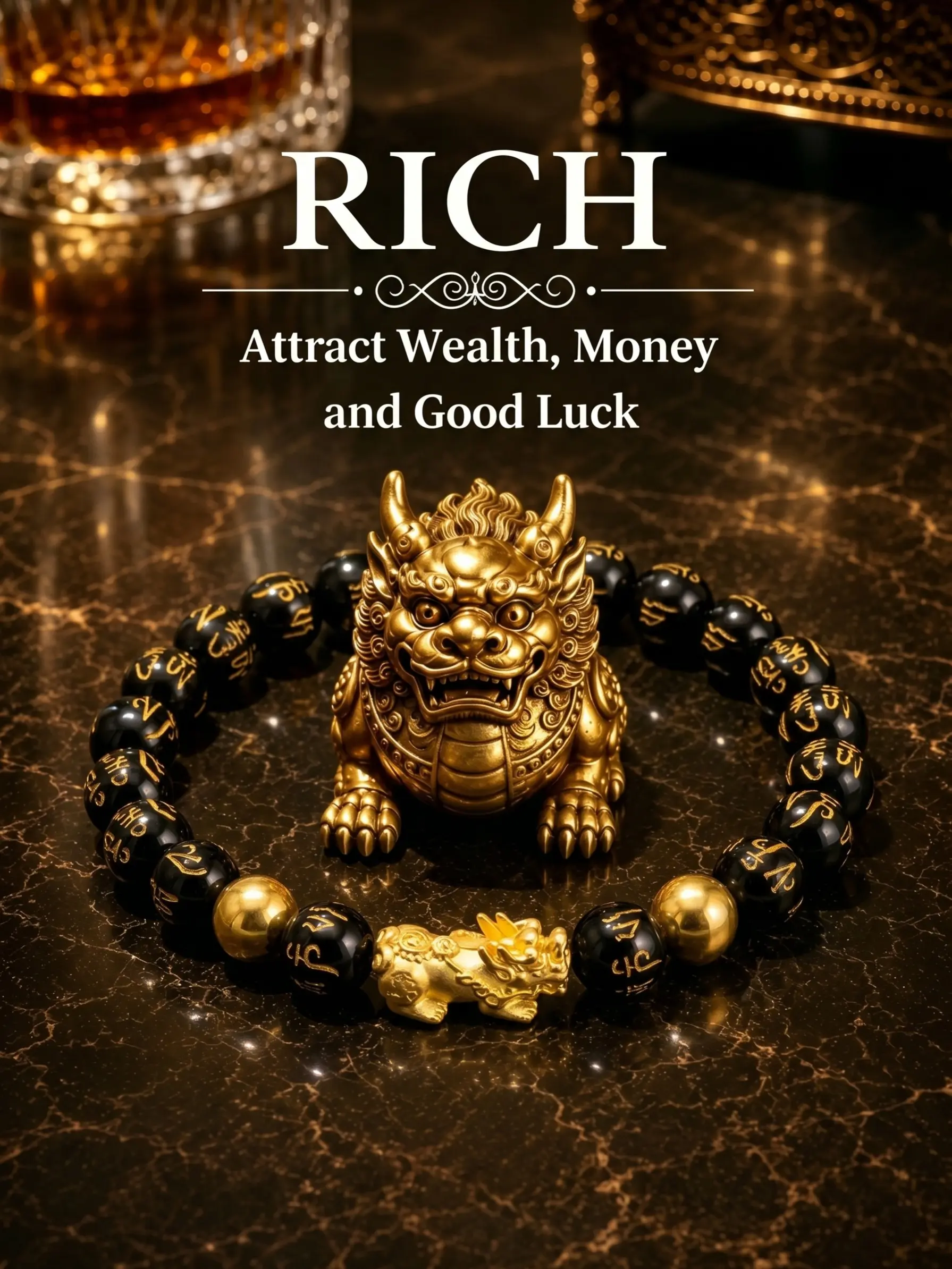 Money Attraction Bracelet with Sand Gold Pixiu and Black Obsidian beads, Fashionable Bracelet, beaded jewelry, protection, lucky, Elastic Band, Crystal Bracelet