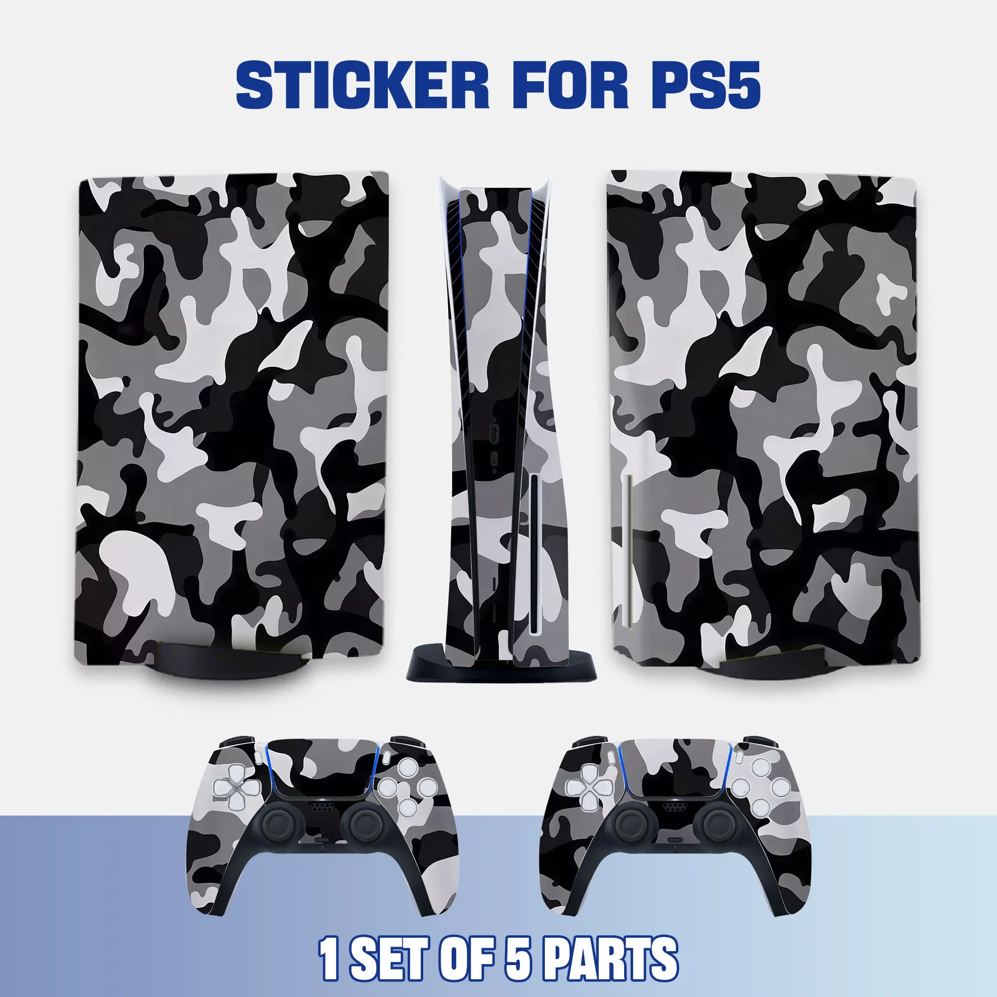 Black & White Camouflage Style PS5 Disc Edition Vinyl Skin Sticker for Console & Controllers, Waterproof, Scratch-Resistant, Dustproof, Removable & No Residue