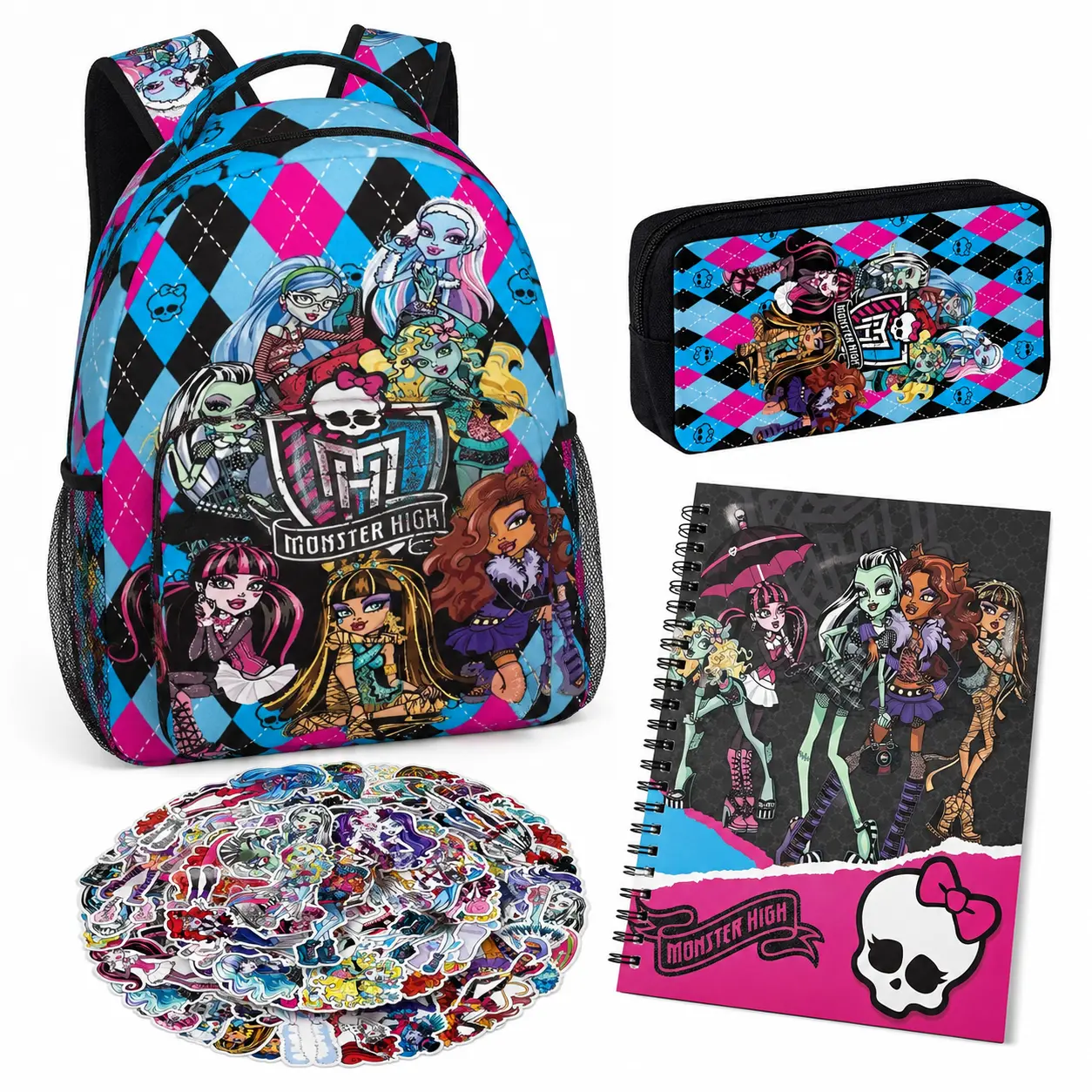 Monster High Backpack Kids School Backpack Sets for Girls Boys Teens,Kawaii School BoobBag with 1 Pecnil Box, 1 Notebook and 50pcs stickers,Cute Book Bag School Suppluies Sets for Girls Elementary Middle School Teens