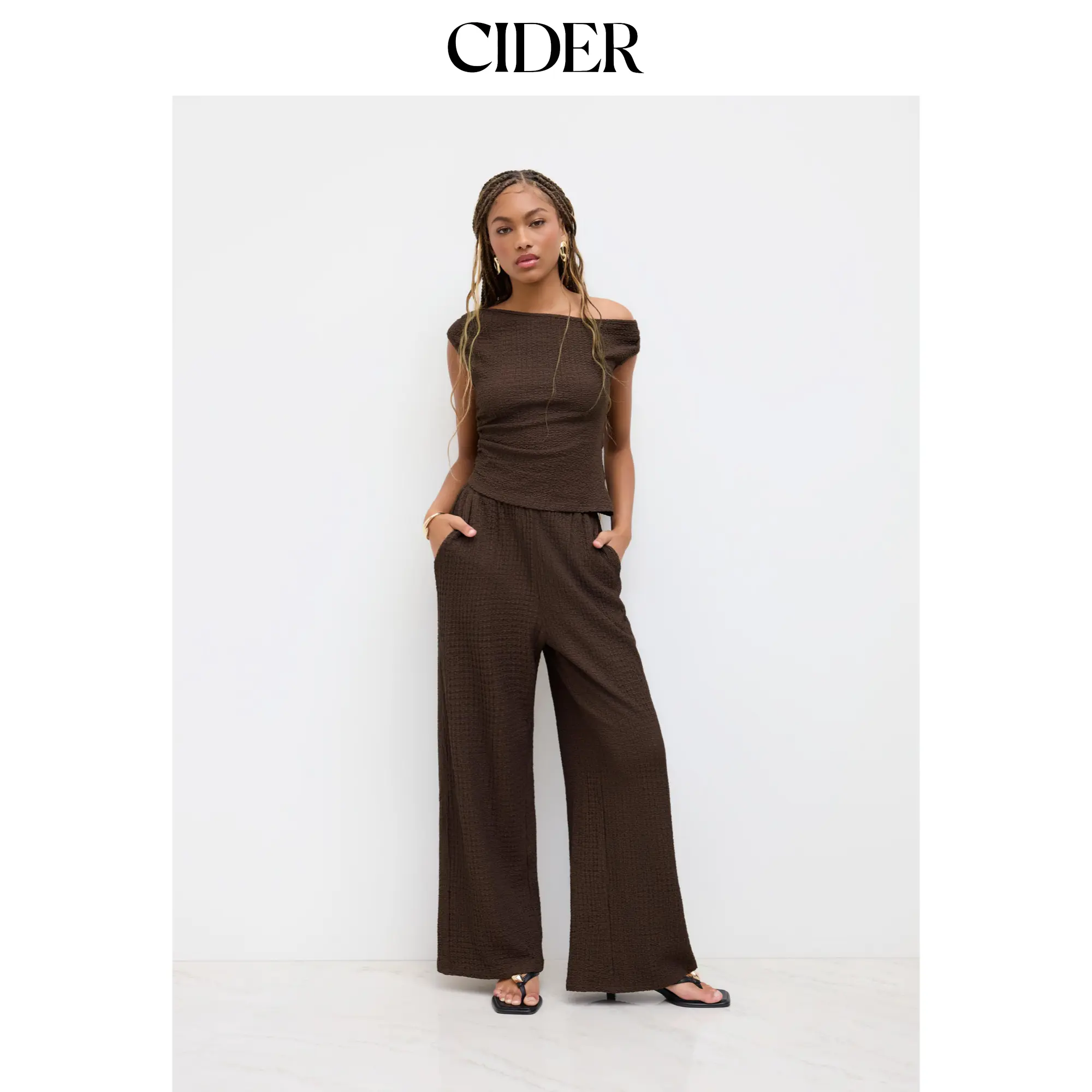 Cider Texture Asymmetrical Neck Ruched Top & Mid Rise Elastic Waist Straight Leg Trousers Set