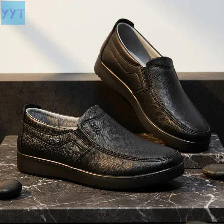 YYT1 Men's Black Leather Loafers --On Men's Shoes with Rivet Detail, Comfortable, Water-Resistant, Non-slip, Wide Round Toe, Rubber Sole, Ankle Height, All-Season Espadrille Outdoor Walking, Black Loafers