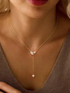 Y Lariat Necklace Gold Plated Brass Delicate Marquise Crystal Leaf Drop Chain Elegant Minimalist Jewelry Anniversary Birthday Gift for Women and Brides Elegant Dainty Necklace