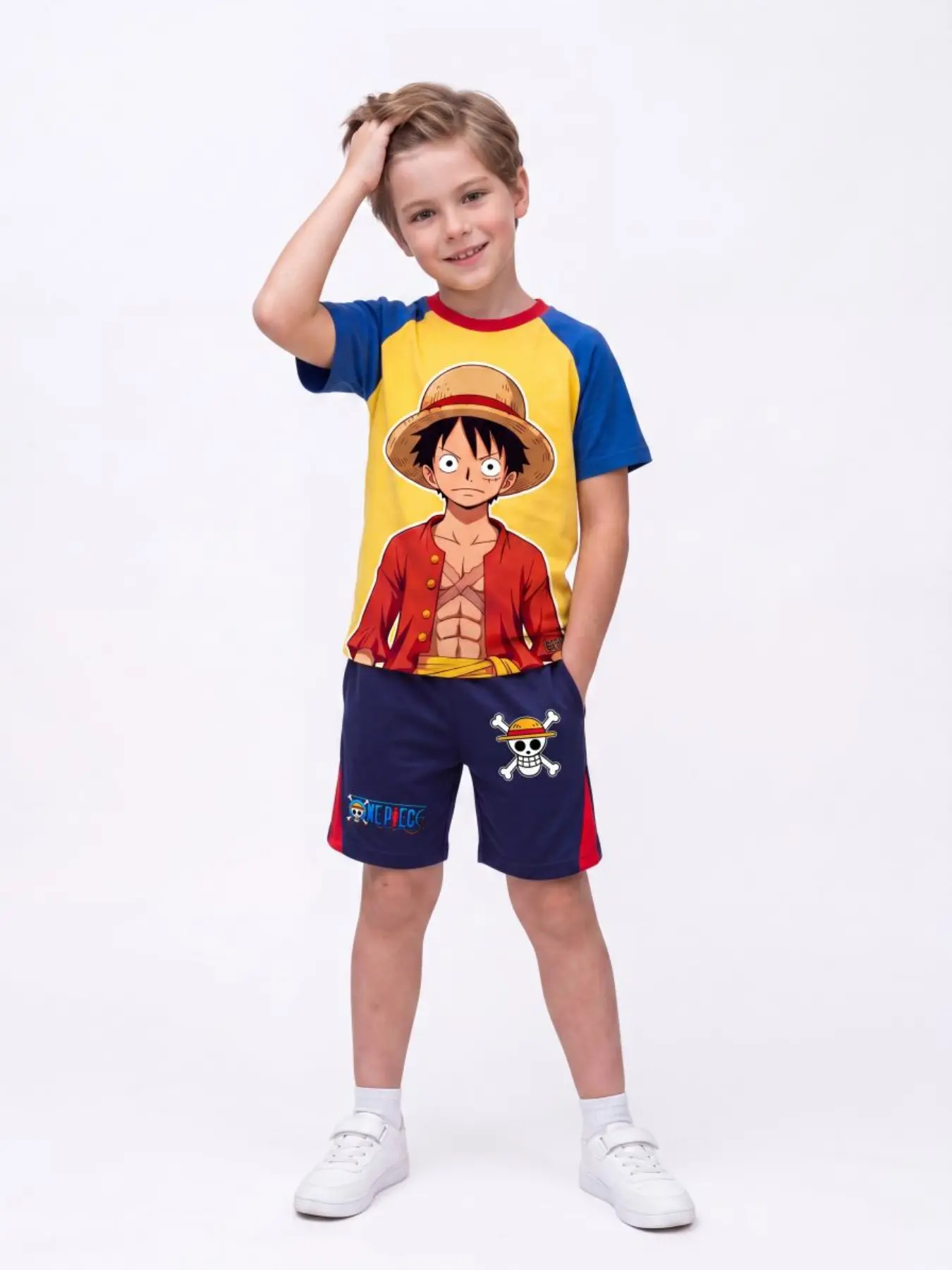 Official One Piece Kids Short Sleeve Set, Colorblock Luffy Print, Lightweight Quick-Dry, Summer Casual for Boys 4-14 Years Cartoon Print Set, Summer Clothing Set
