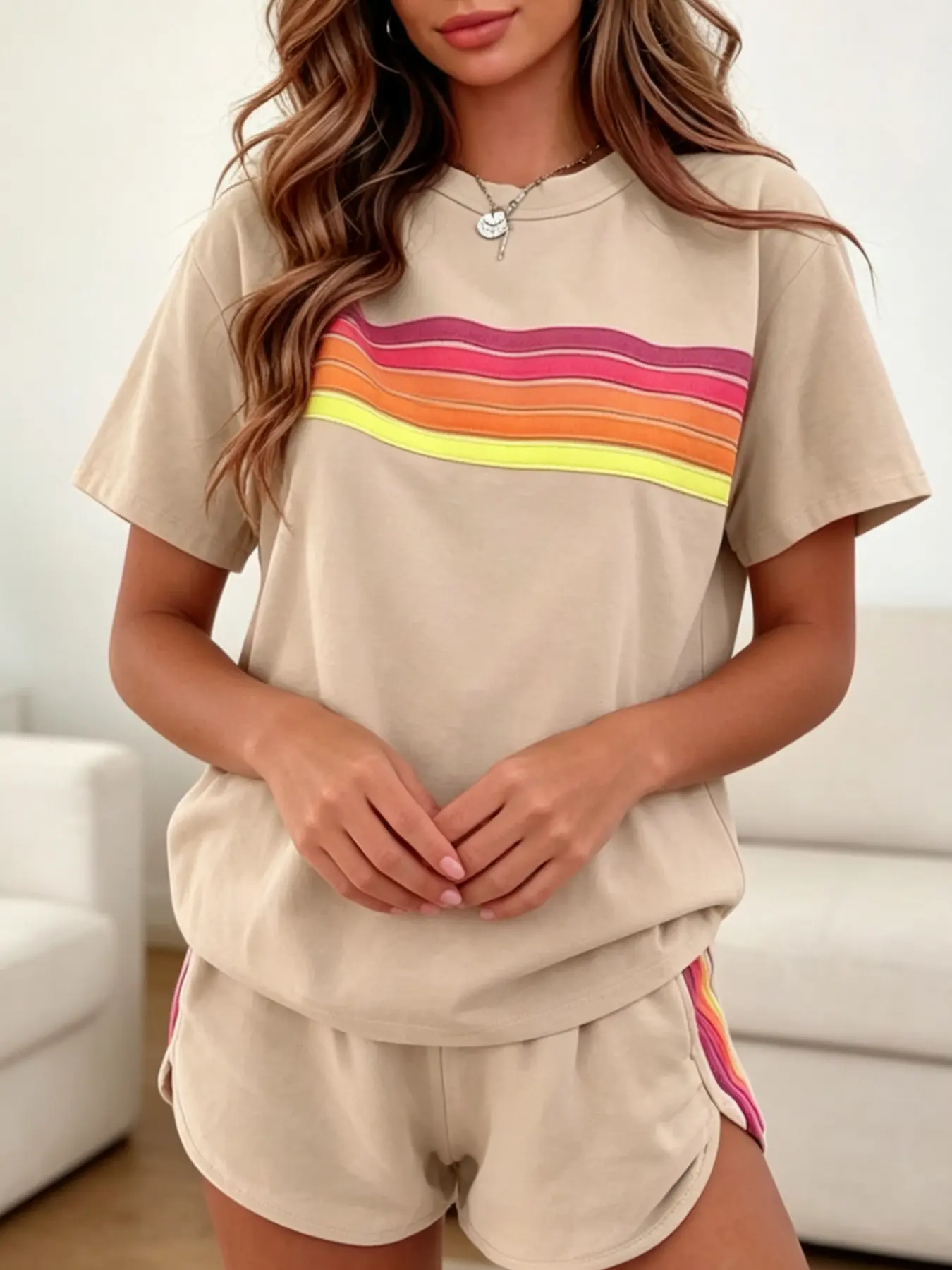 Rainbow striped women's casual suit with multiple colors available, summer loose Baggy short sleeved Round Neck T-shirt+shorts two-piece set, versatile sportswear for home and outdoor wear, Casual Beach Set