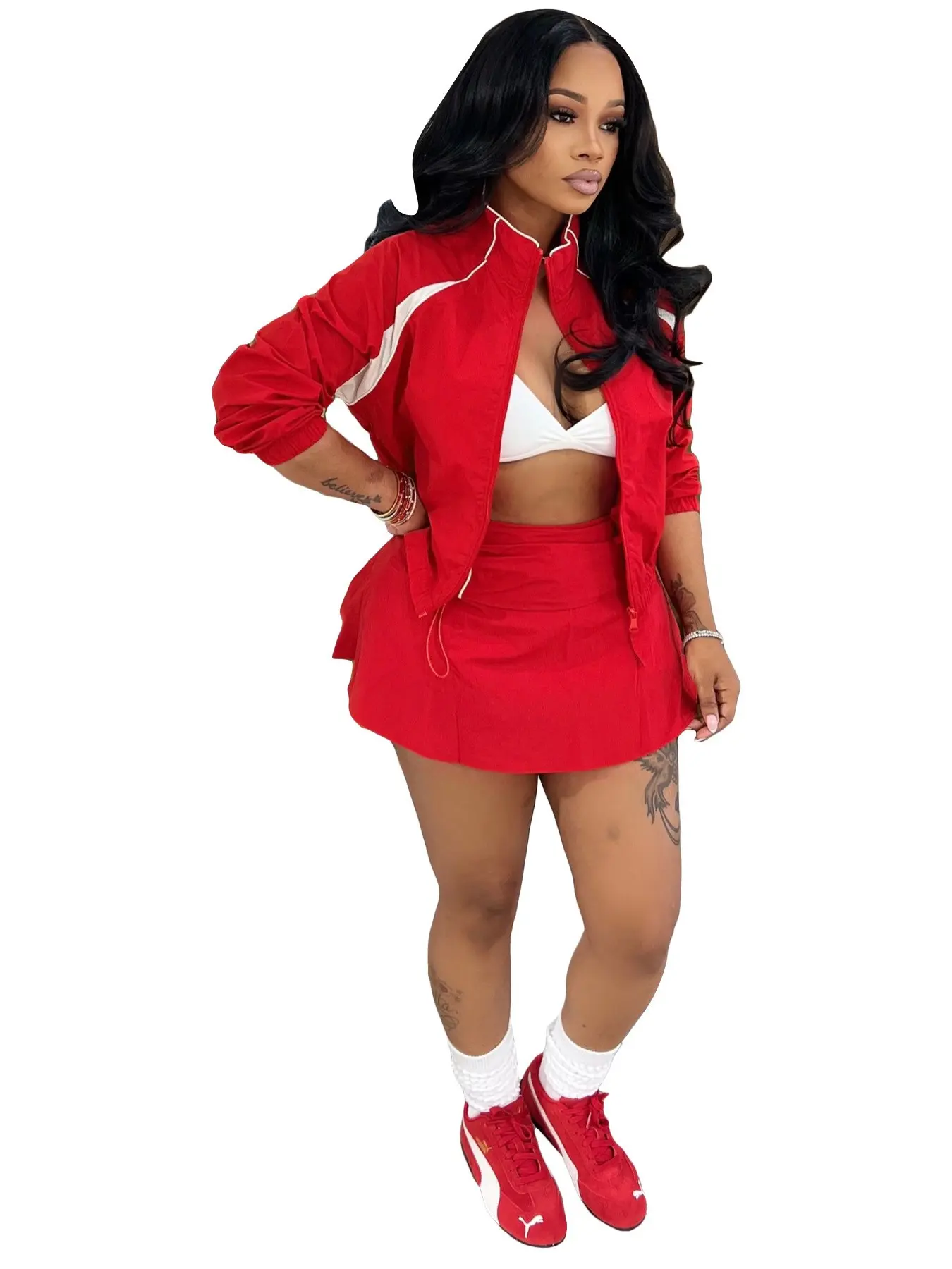 2026 European Women's Fashion Long Sleeve Zipper Colorblock Stand Collar Jacket, Drawstring Pleated Skirt Set, Two-Piece for Women